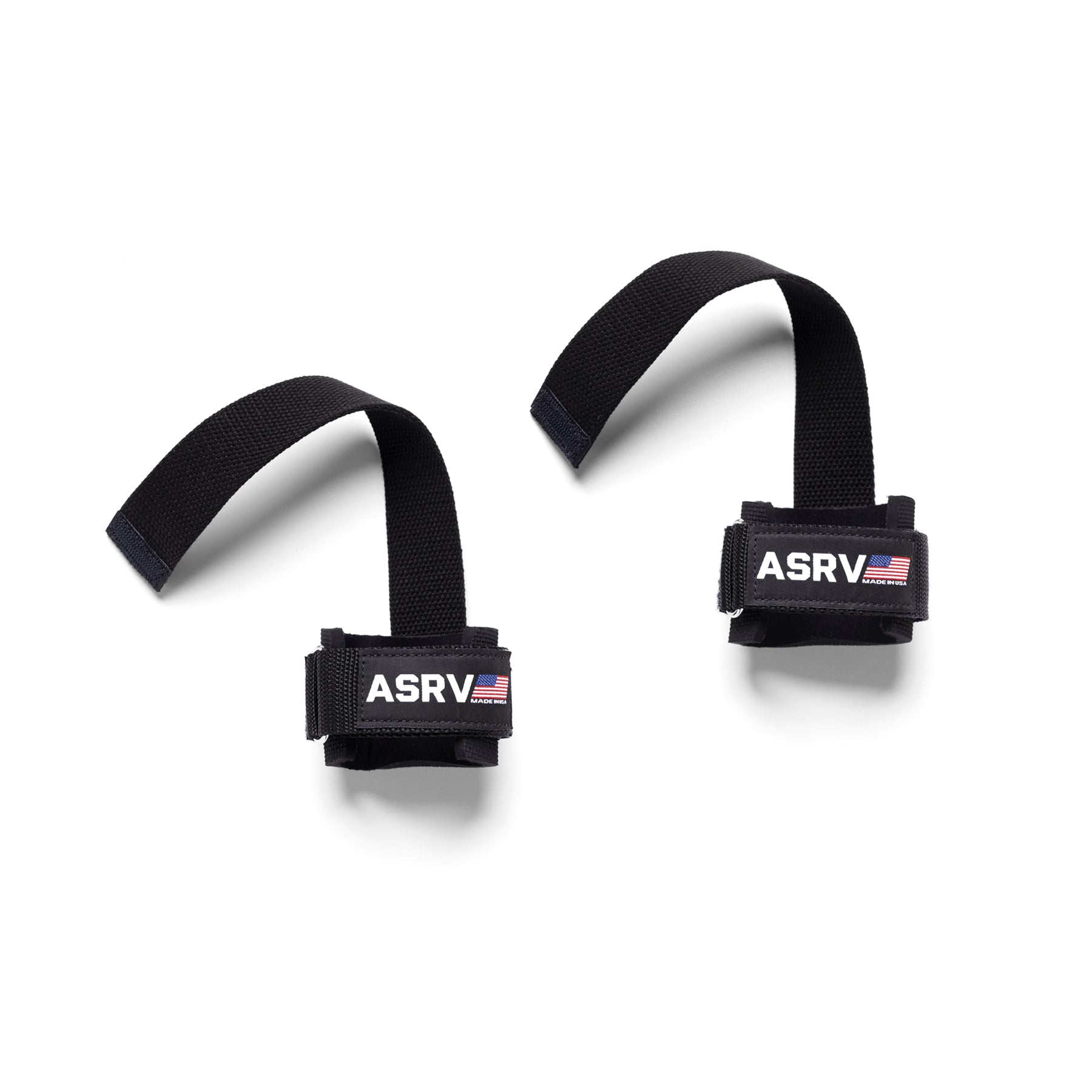 flatlay of two black ASRV power lifting straps with logo labels, overhead view