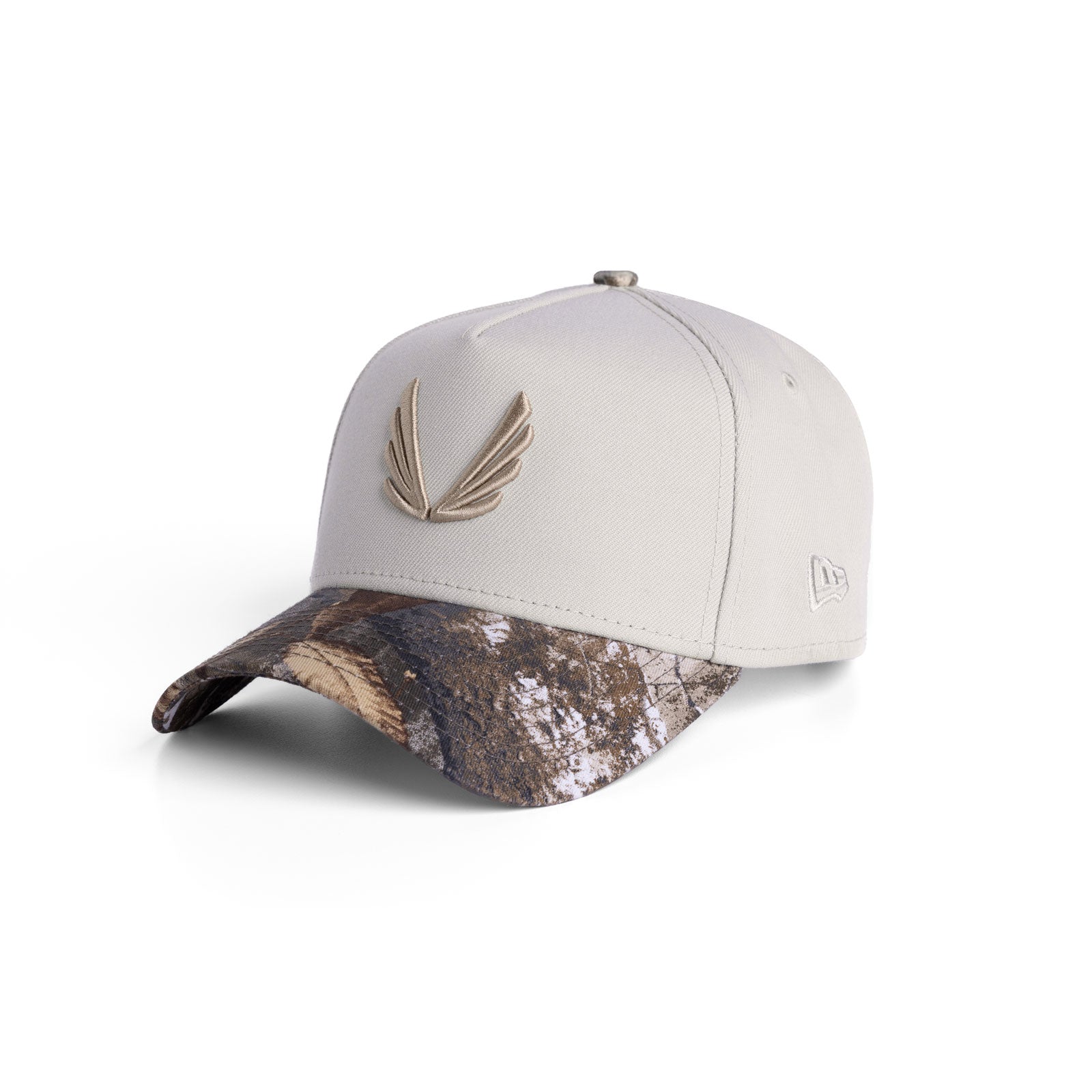 flatlay New Era 9Forty A-Frame Hat in stone and realtree camo, front view