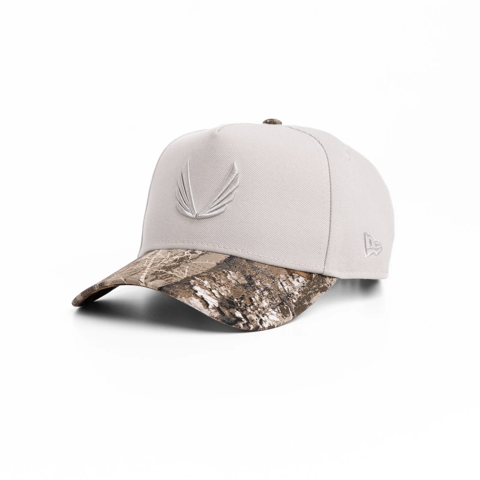 flatlay New Era 9Forty A-Frame Hat in stone and realtree camo, angled view