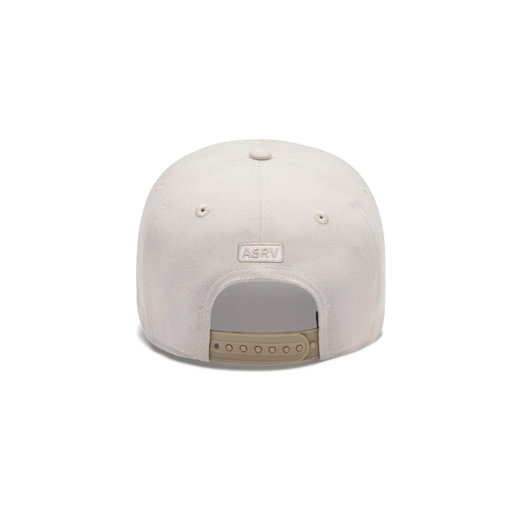 flatlay New Era 9Forty A-Frame Hat in stone with tan snapback, back view