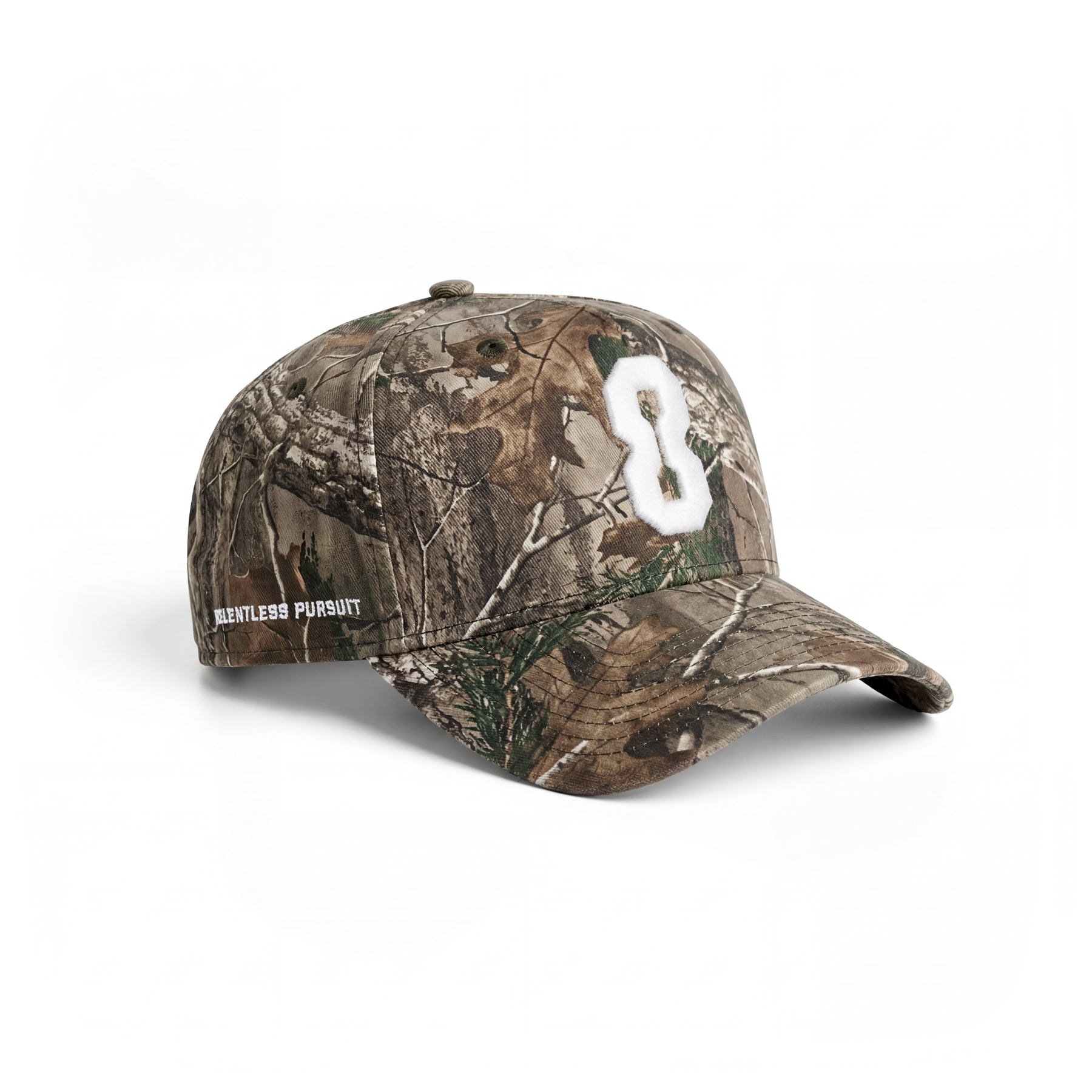 flatlay New Era 9Forty A-Frame Hat in Realtree Camo with white 8 logo, side view