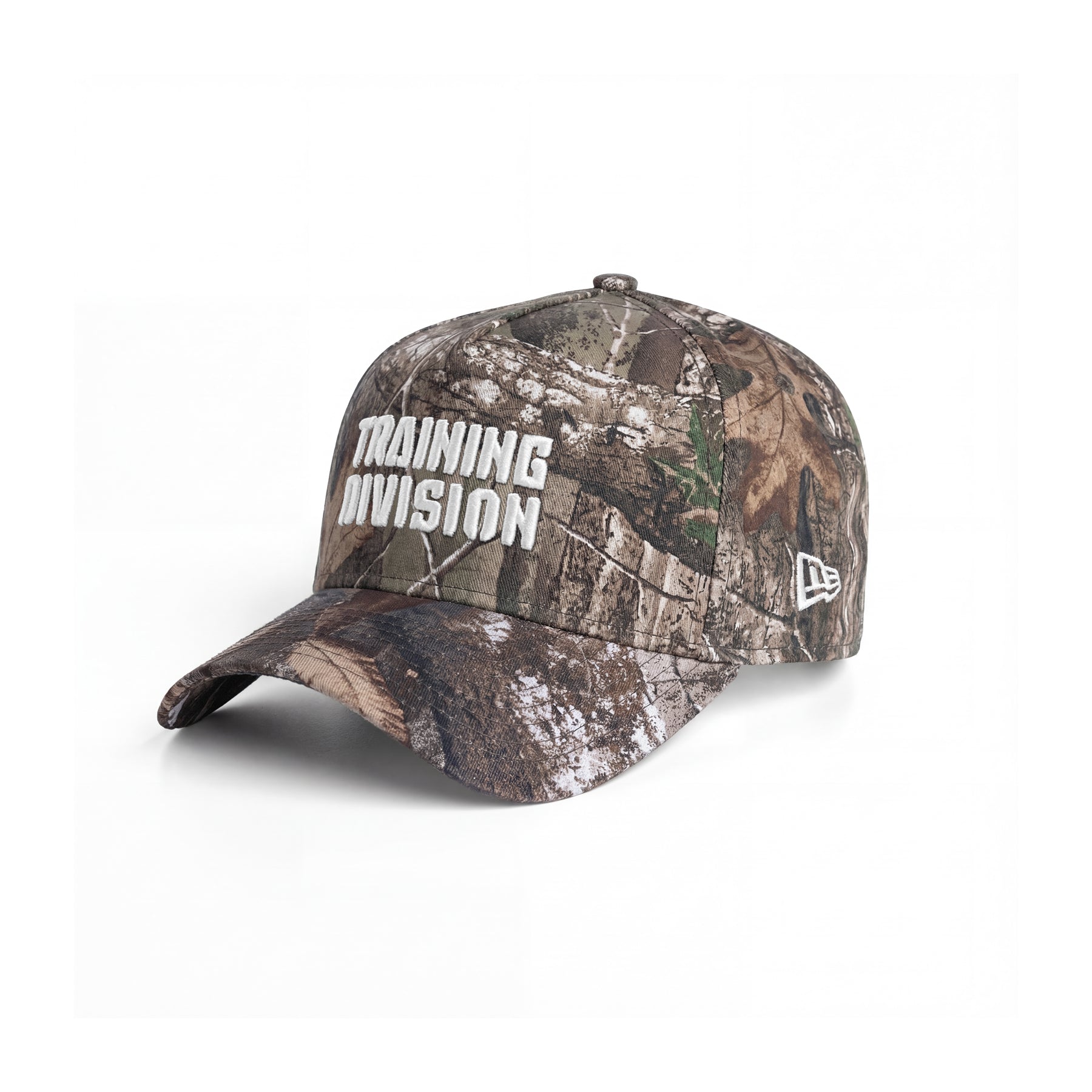 New Era 9Forty A-Frame Hat in Realtree Camo with white Training Division text, angled side view