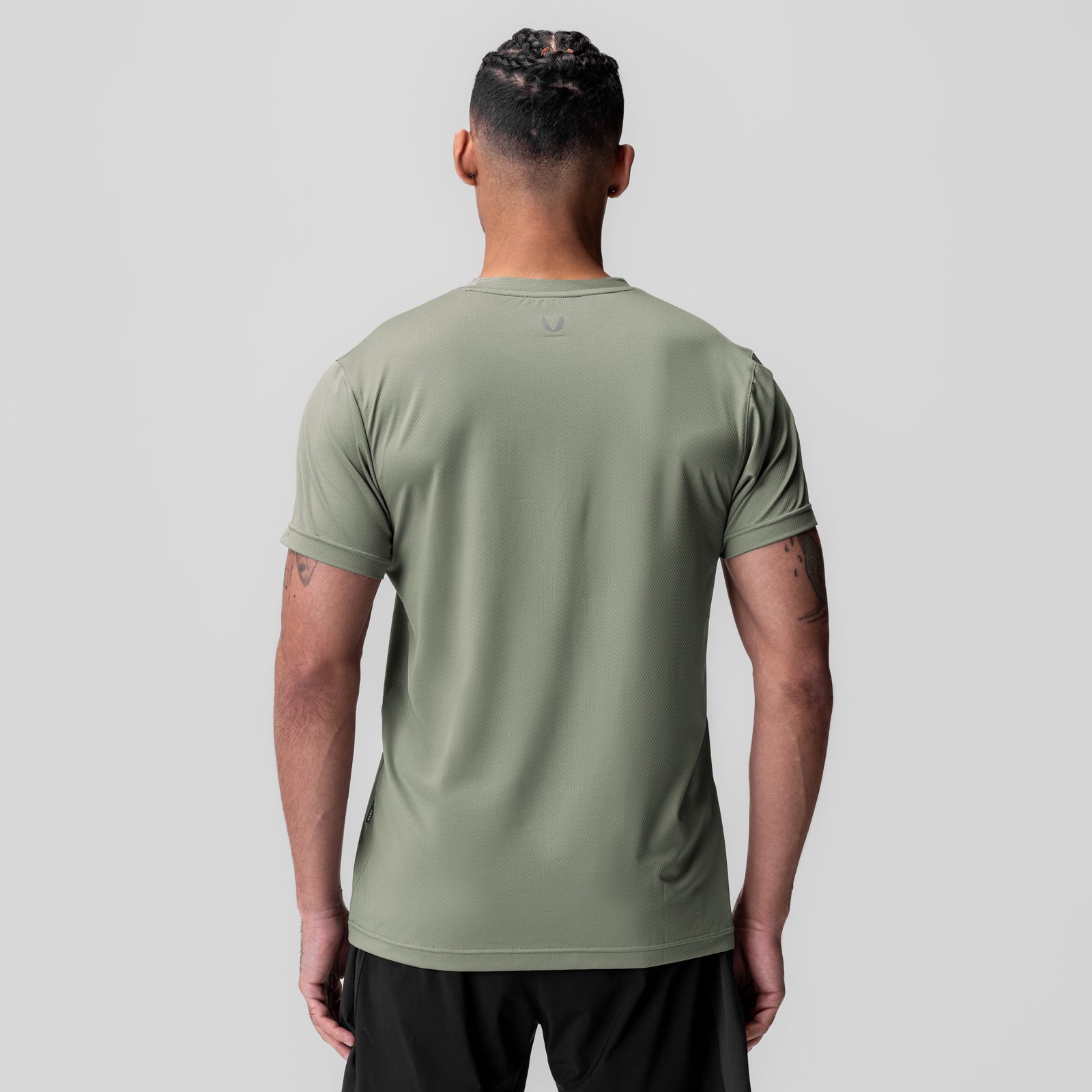 AeroSilver Essential Tee in sage, rear view on model