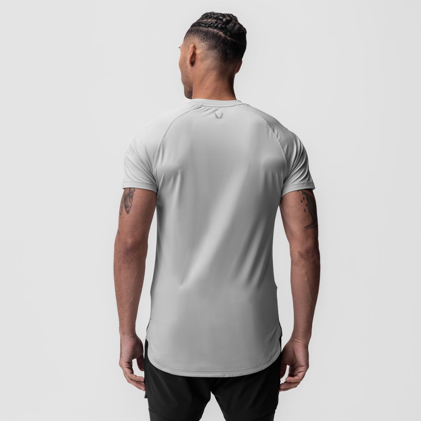 AeroSilver Established Tee in slate grey, back view on model