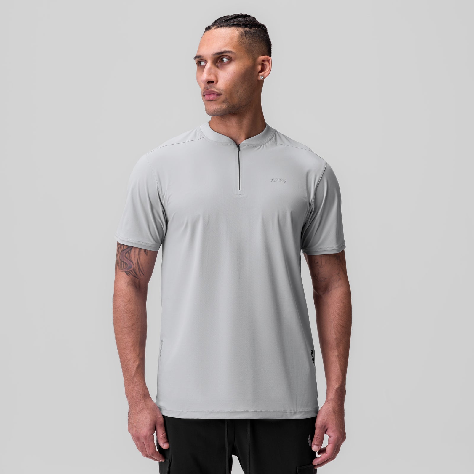 Tetra-Lite® Ice Zip Tee in slate grey worn by male model, front view