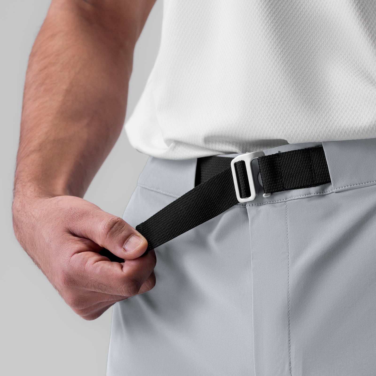 Tetra-Lite Field Pant in Slate Grey, model wearing pants with black belt detail closeup