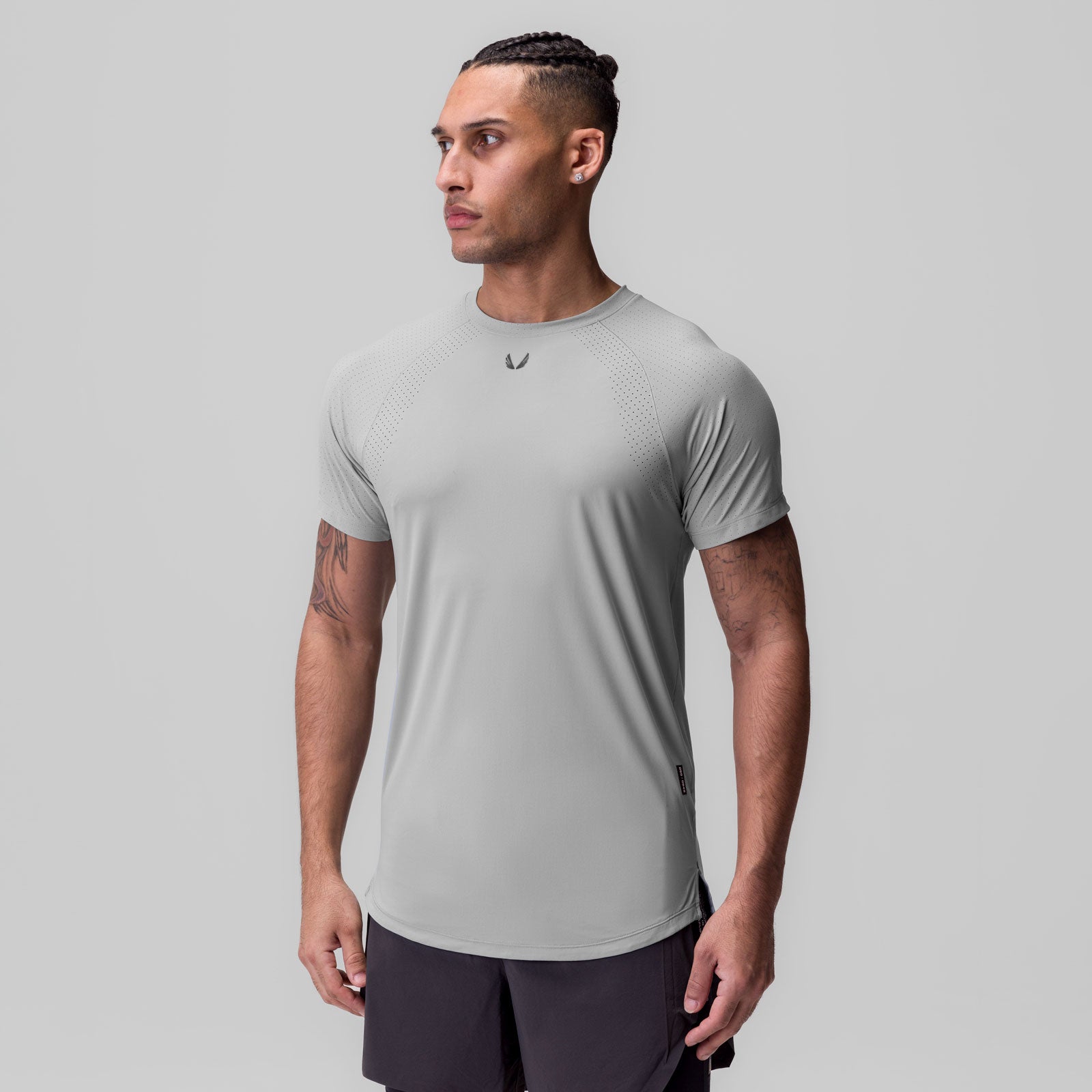 Laser-Vent Established Tee in slate grey, worn by model, front view