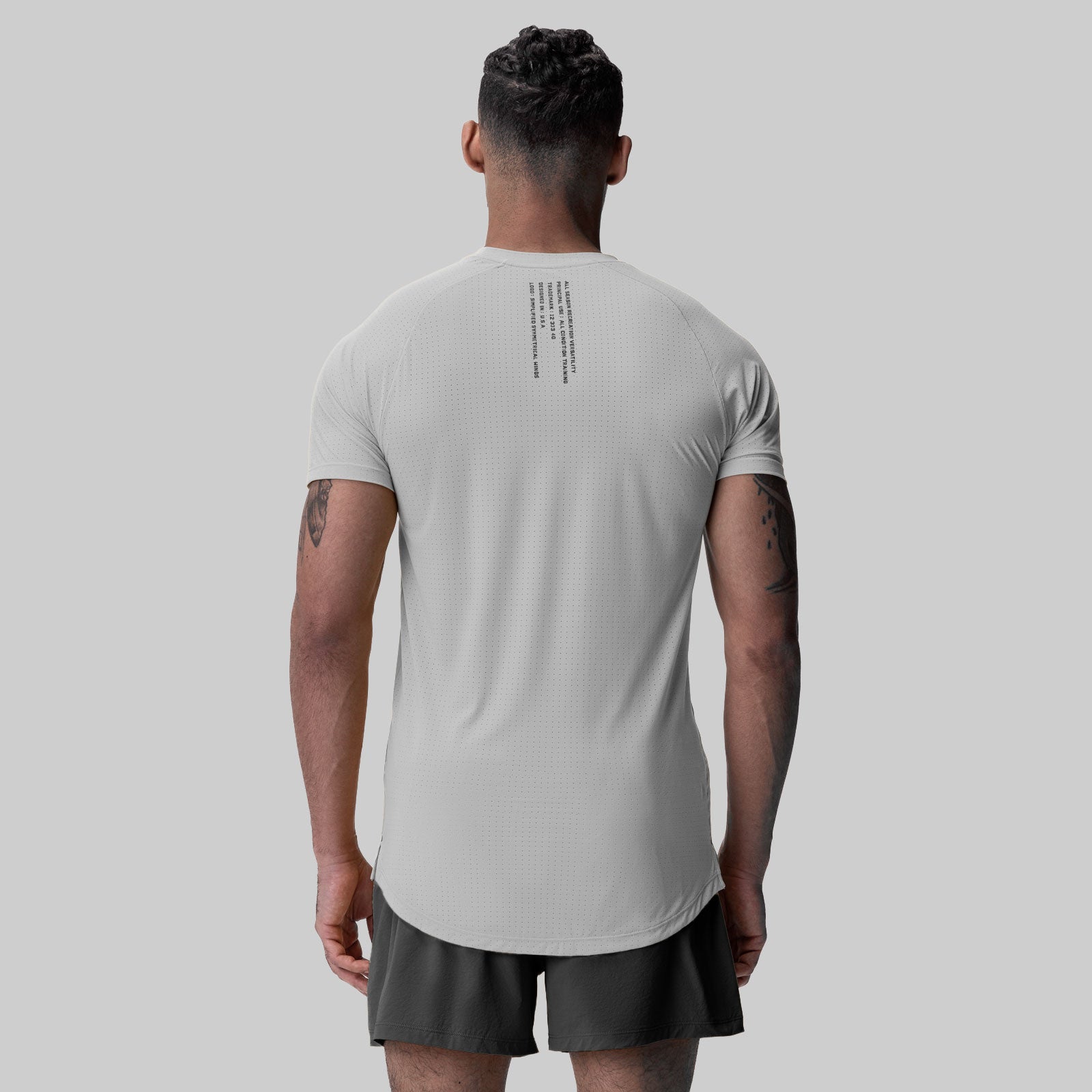 Laser-Vent Established Tee in slate grey, back view on model