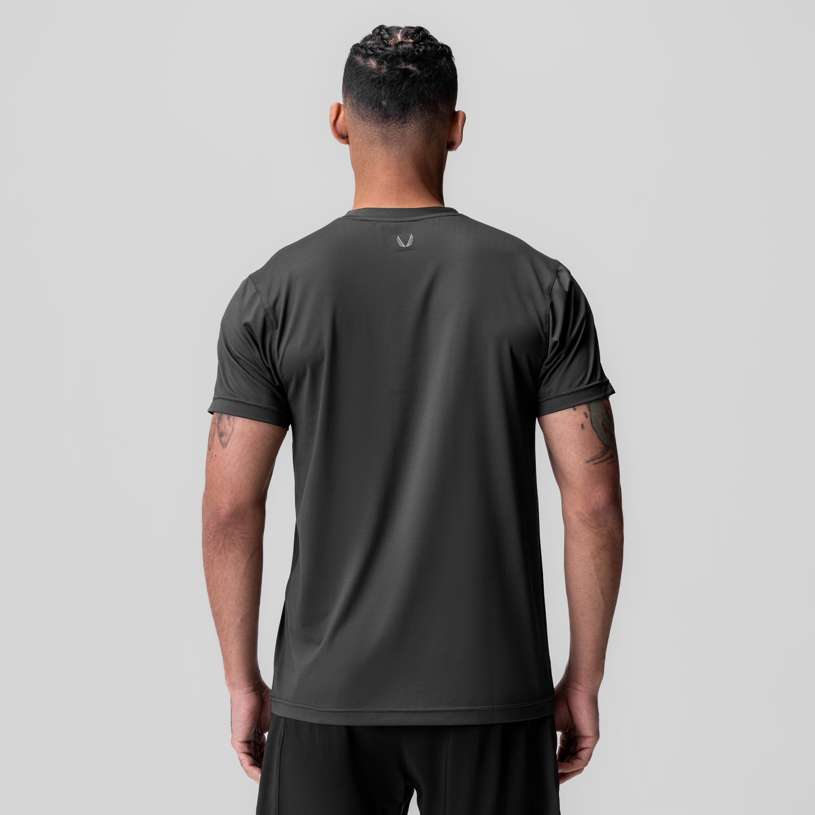 ASRV AeroSilver Essential Tee in Space Grey, back view on model