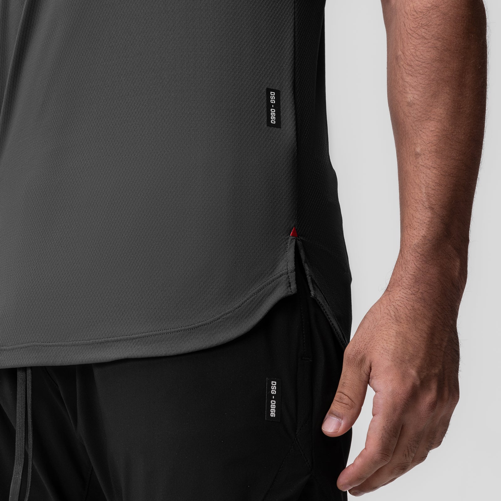 AeroSilver Established Tee in Space Grey worn by model, side view