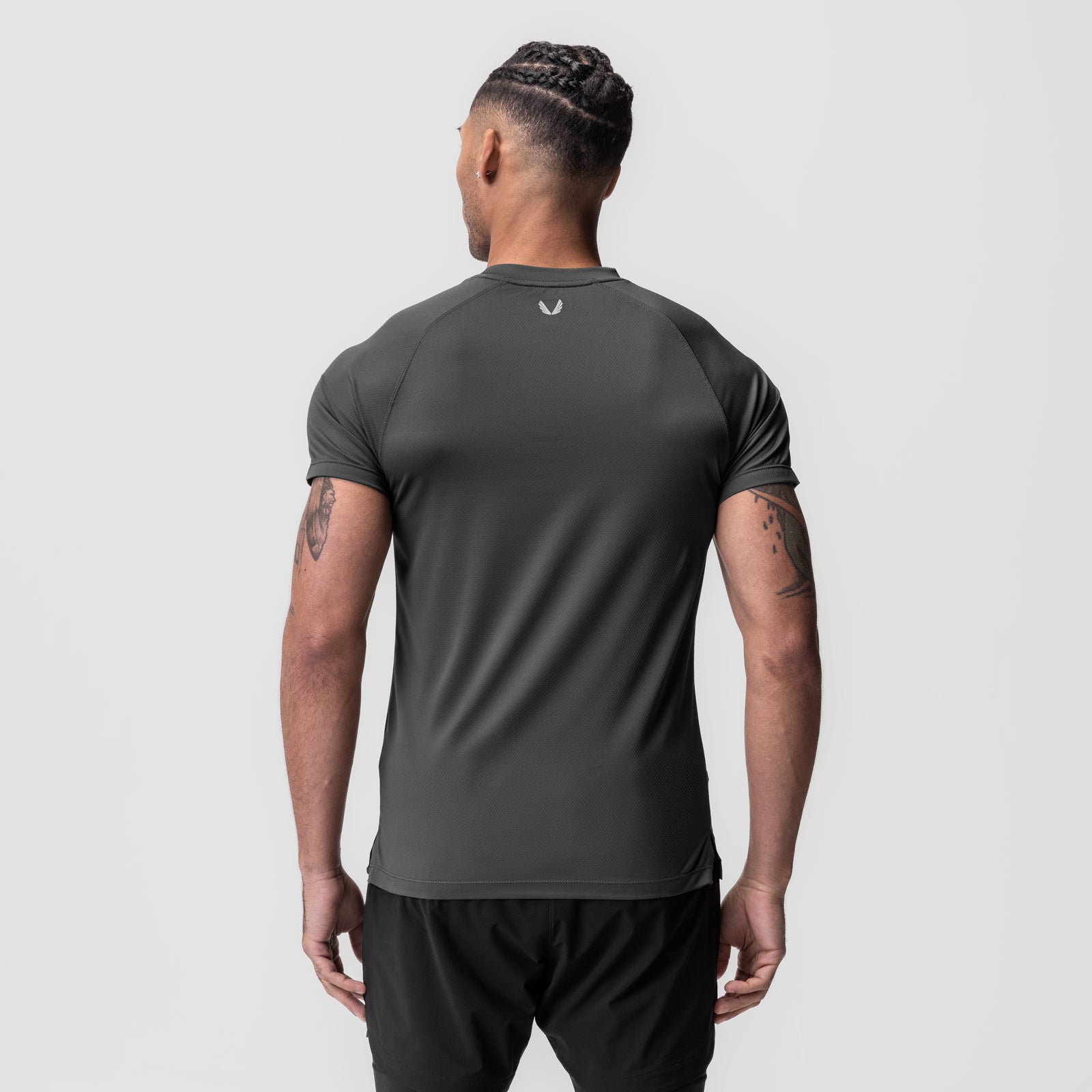 AeroSilver® Fitted Tee in Space Grey, worn by model, back view