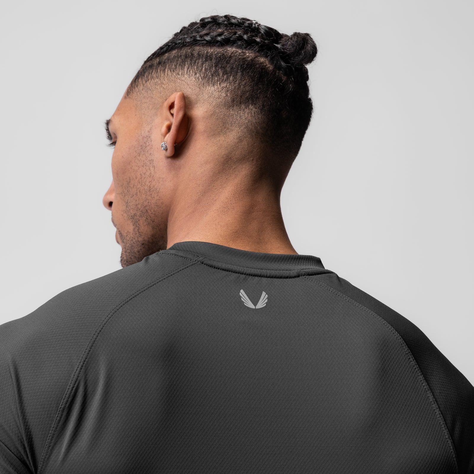 AeroSilver® Fitted Tee in Space Grey, worn by model shown from back