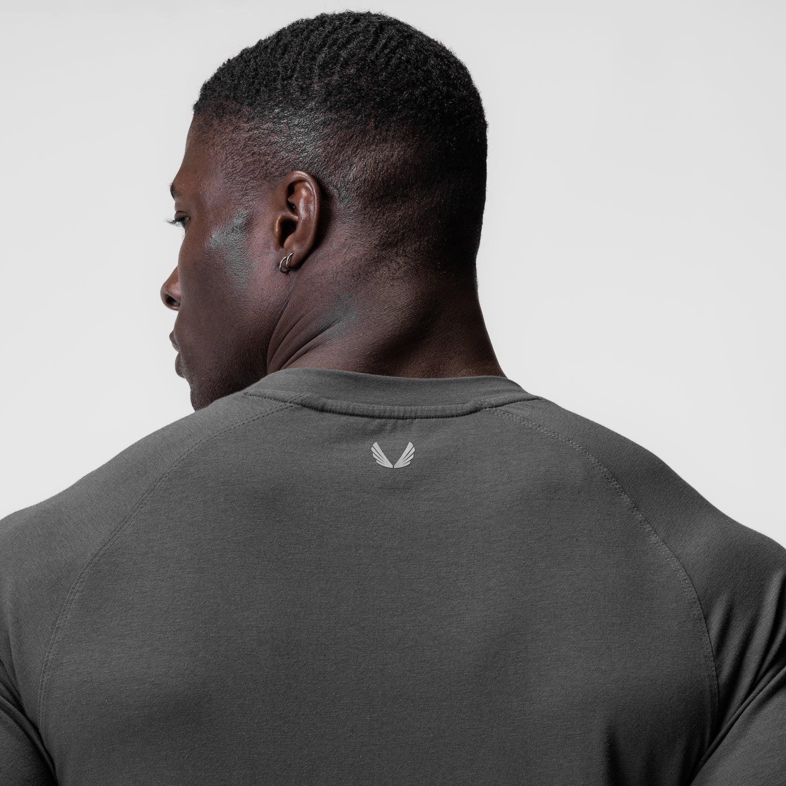 Supima® Fitted Tee in Space Grey, back view on model
