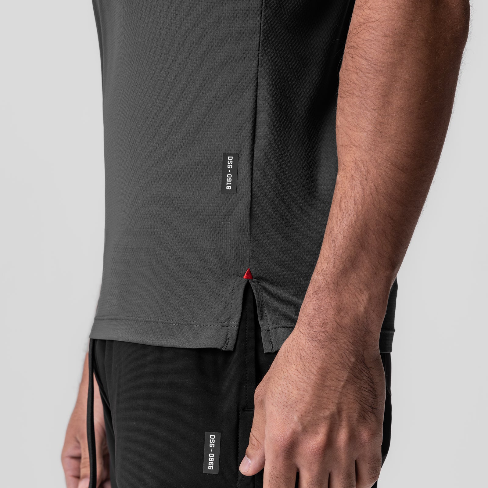 AeroSilver® Fitted Tee in Space Grey worn by model, side detail view