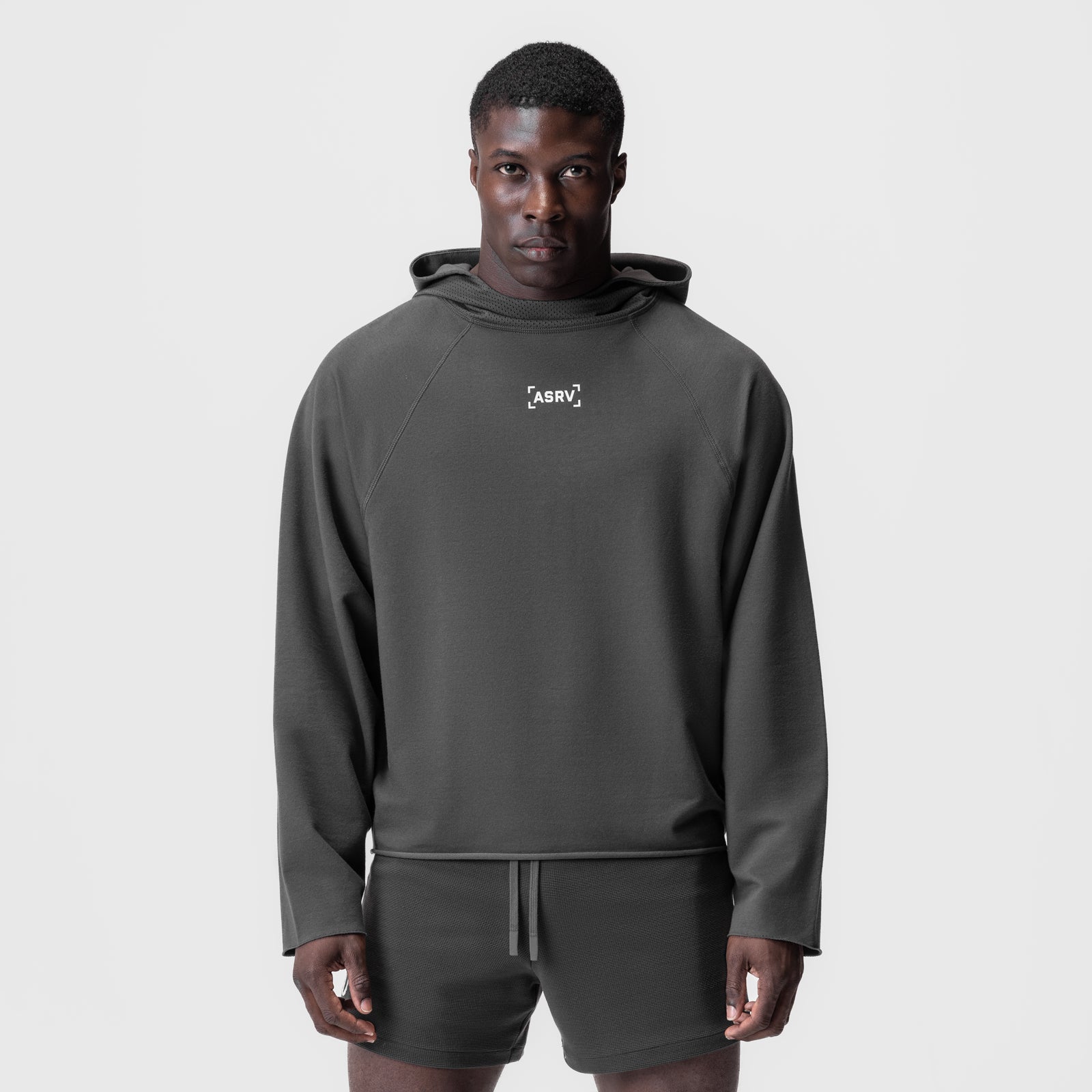 Micro-Terry Raw Hem Hoodie in space grey worn by model, front view