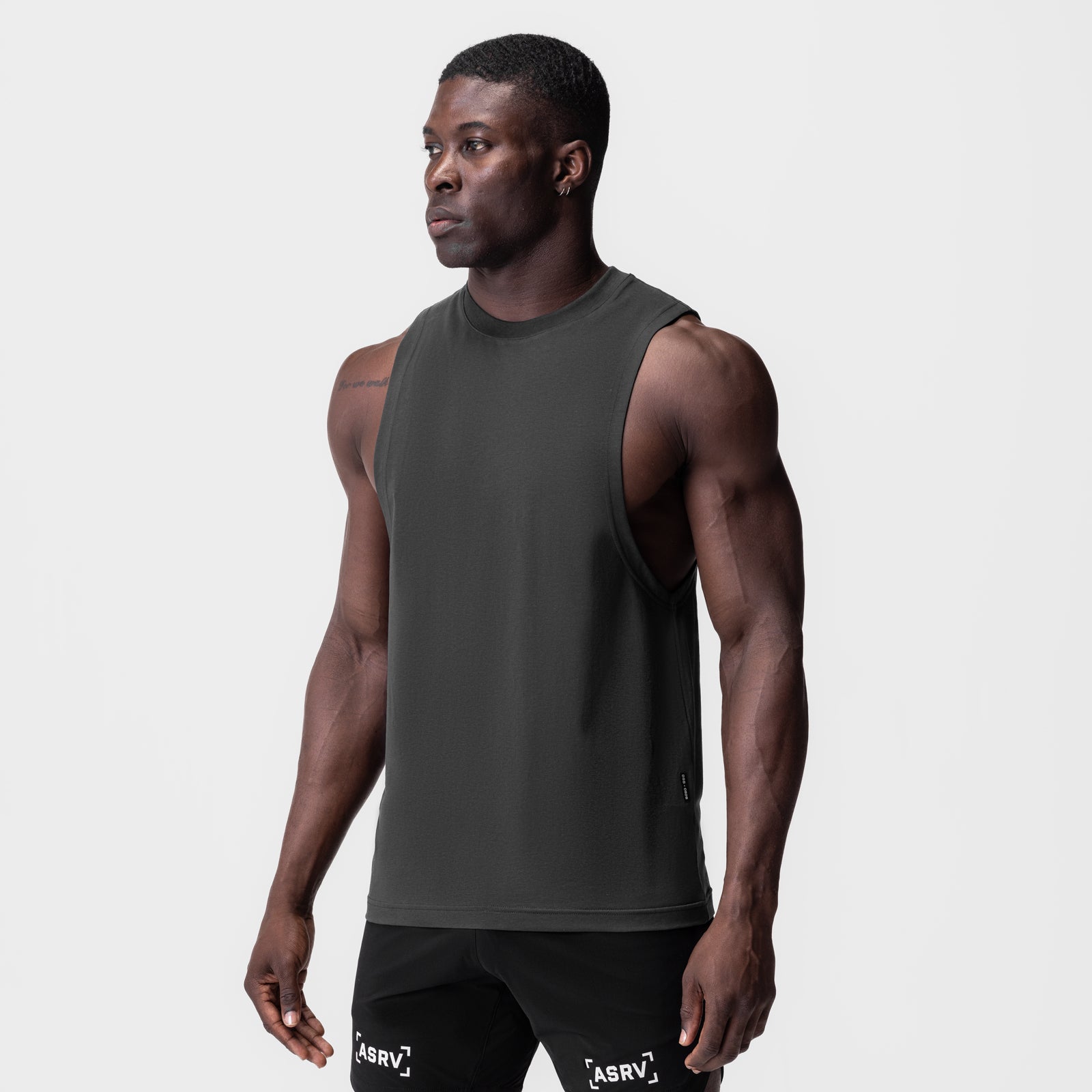 Supima® Muscle Tank in Space Grey worn by model, side view