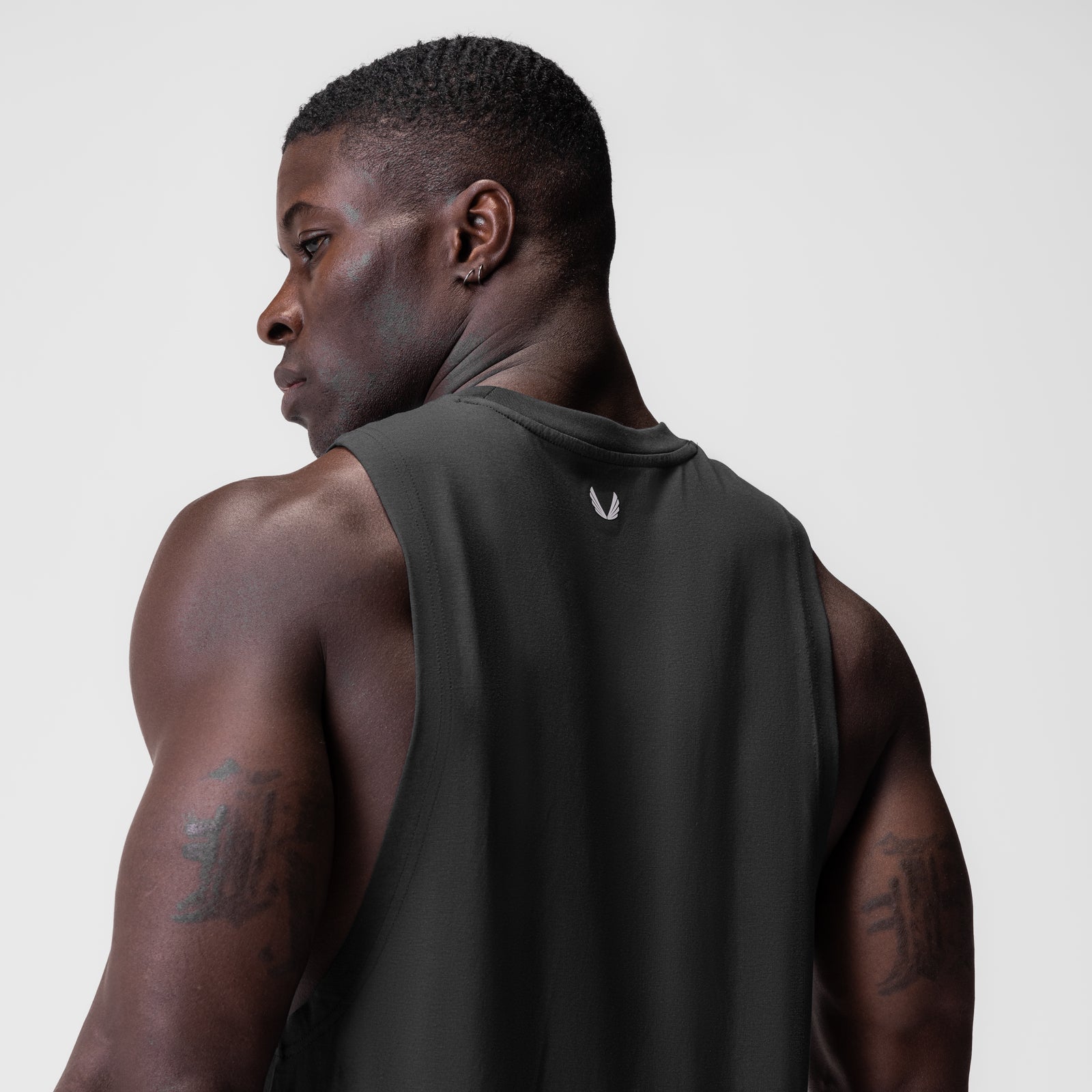 Supima® Muscle Tank in Space Grey, worn by model, back view