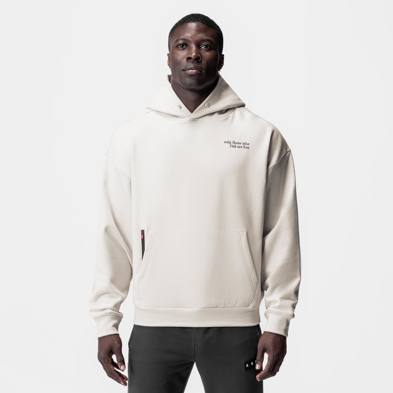 Tech-Terry Zip Pocket Hoodie in stone, worn by model, front view