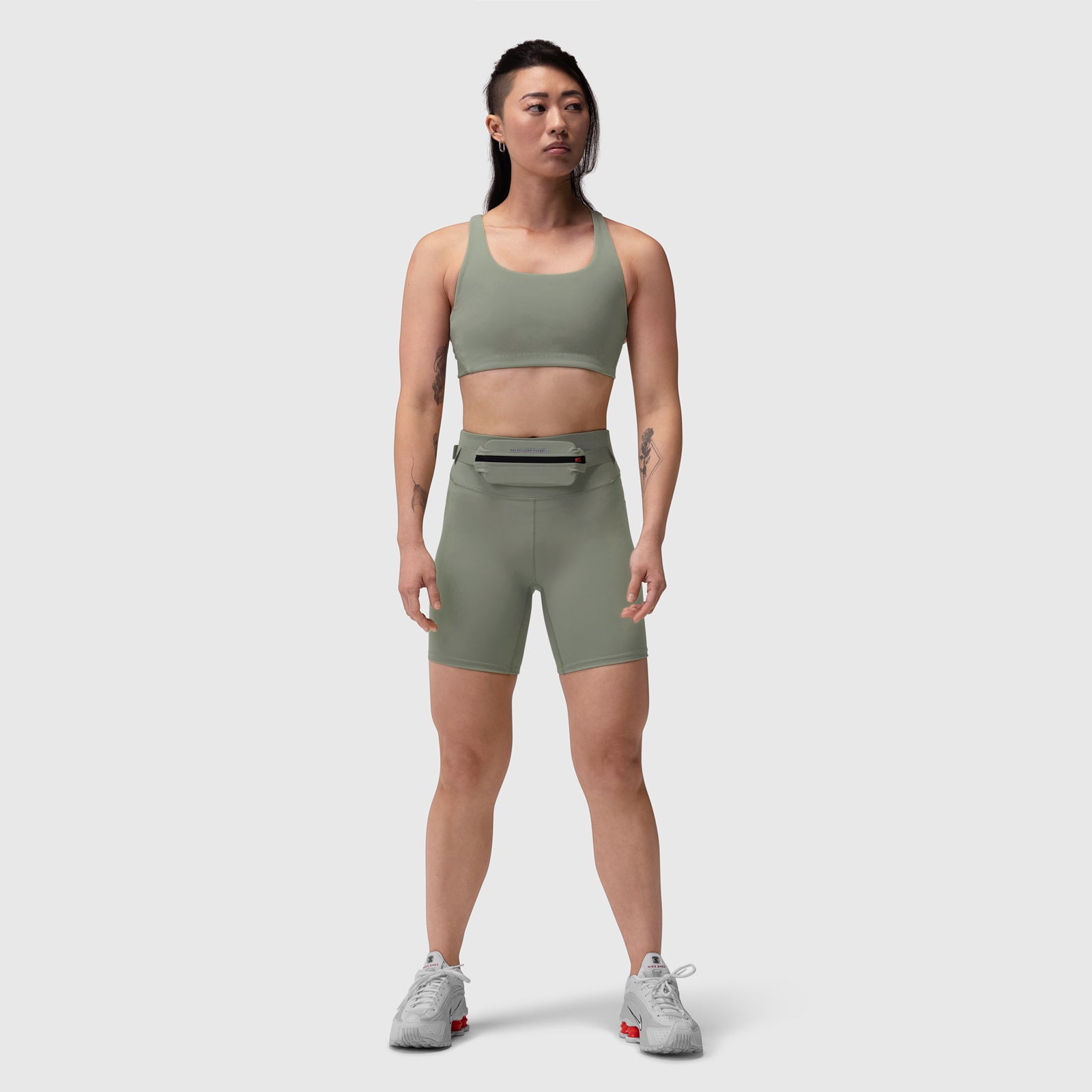 Lycra 3-in-1 Biker Short in sage worn by model, front view