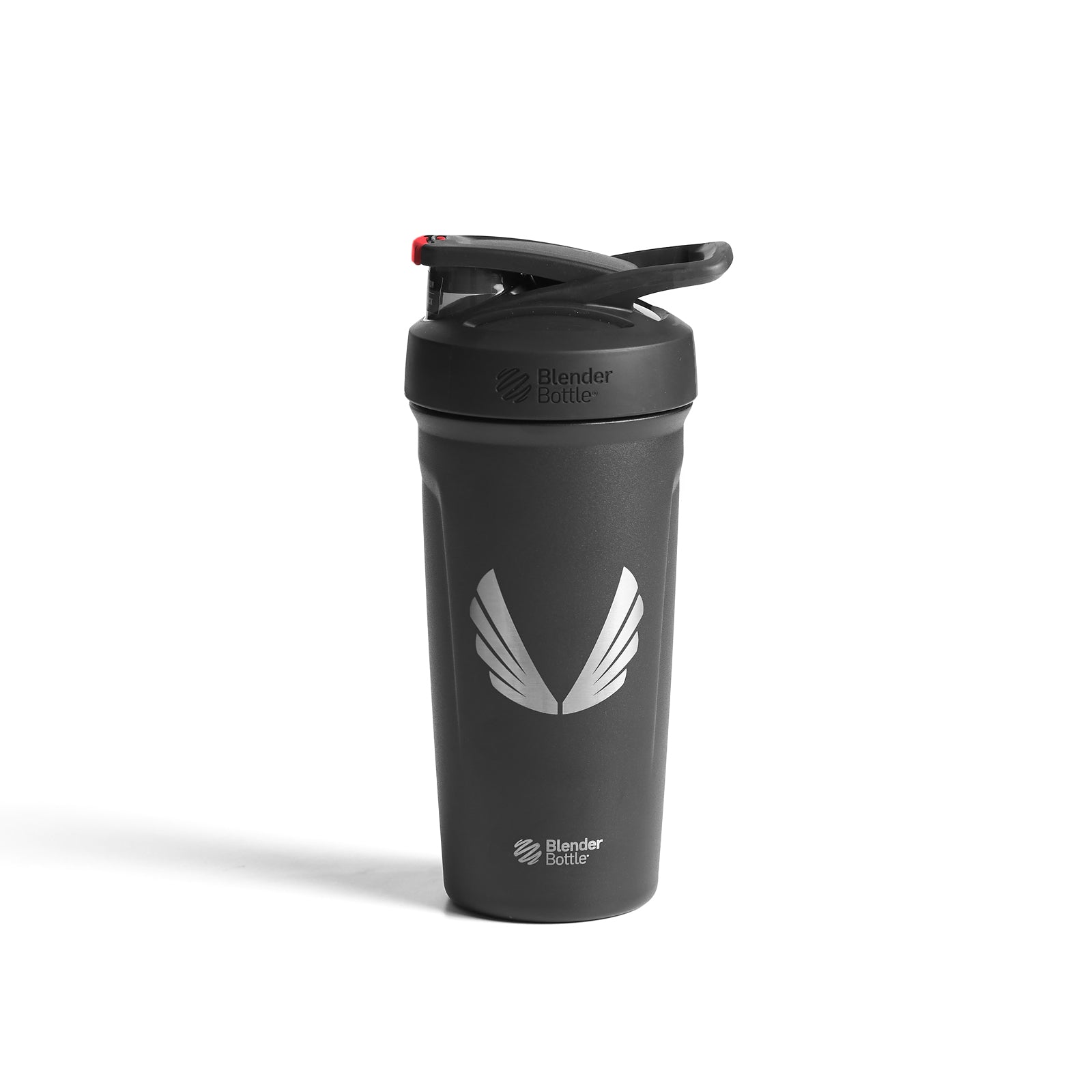 flatlay ASRV x Blender Bottle Strada insulated shaker in black with white wings logo, front view