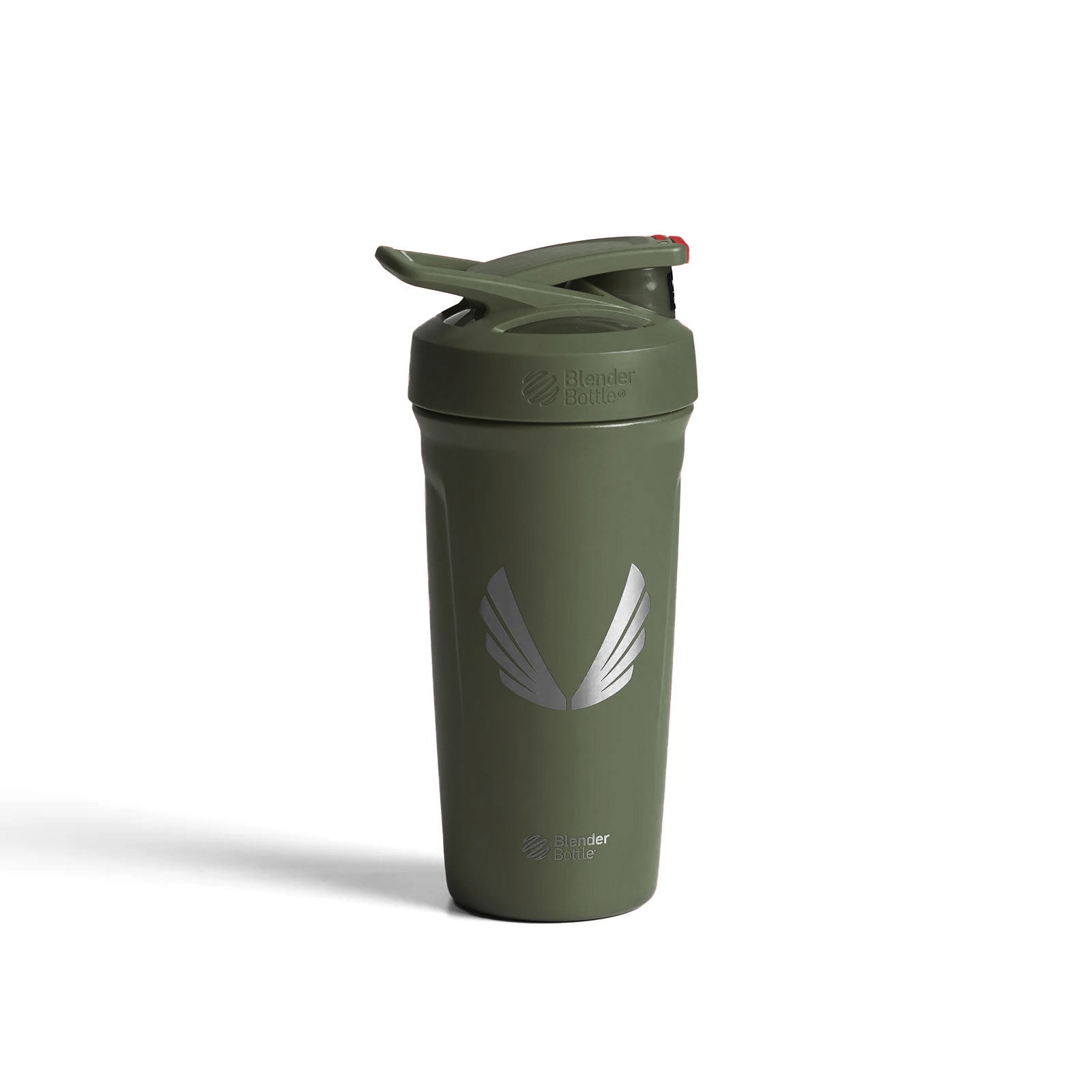 flatlay ASRV x Blender Bottle Strada insulated shaker in olive green, front view