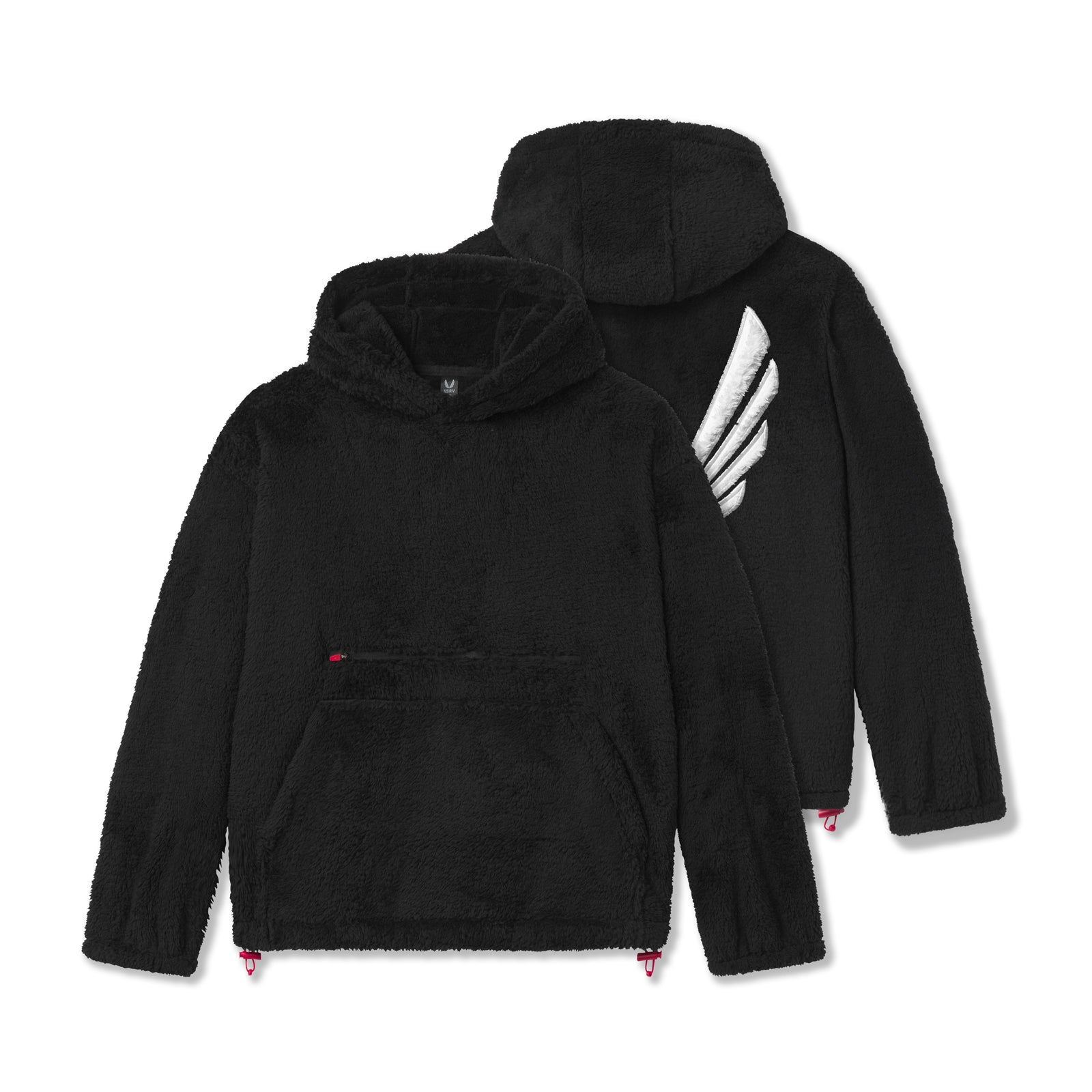 flatlay sherpa recovery hoodie in black with white wing graphic, front view