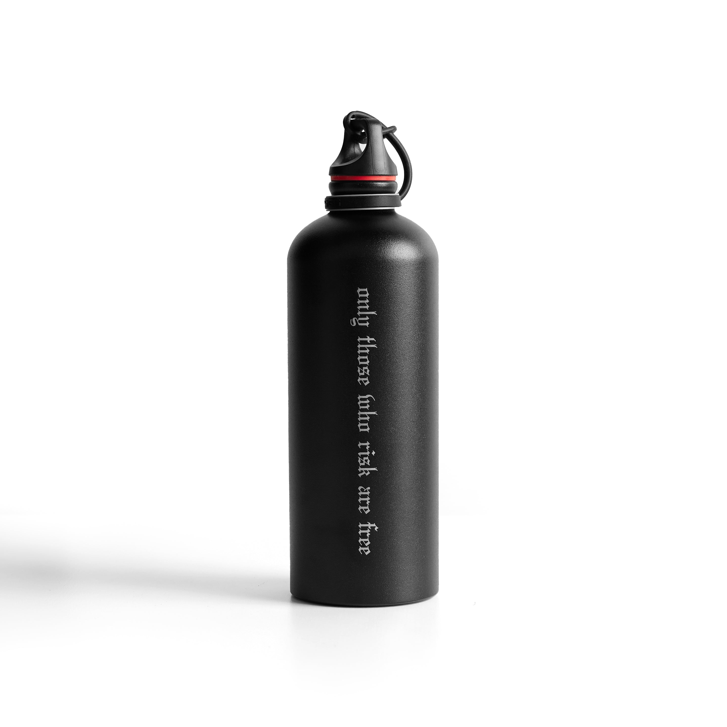 flatlay ASRV x SIGG Water Bottle Traveler 1.0L in black with "OTWR" text, front view