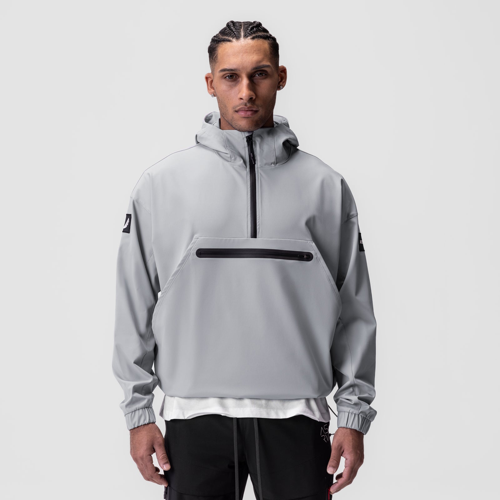 Weather-Ready Anorak Jacket in slate grey worn by model, front view