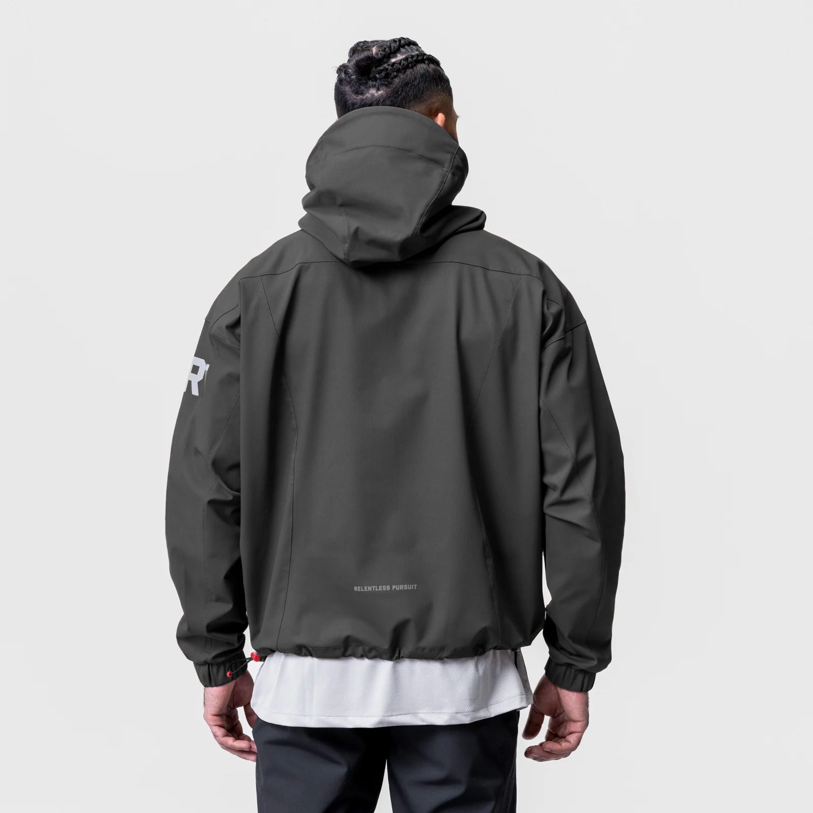 Weather-Ready Anorak Jacket in space grey, back view on model