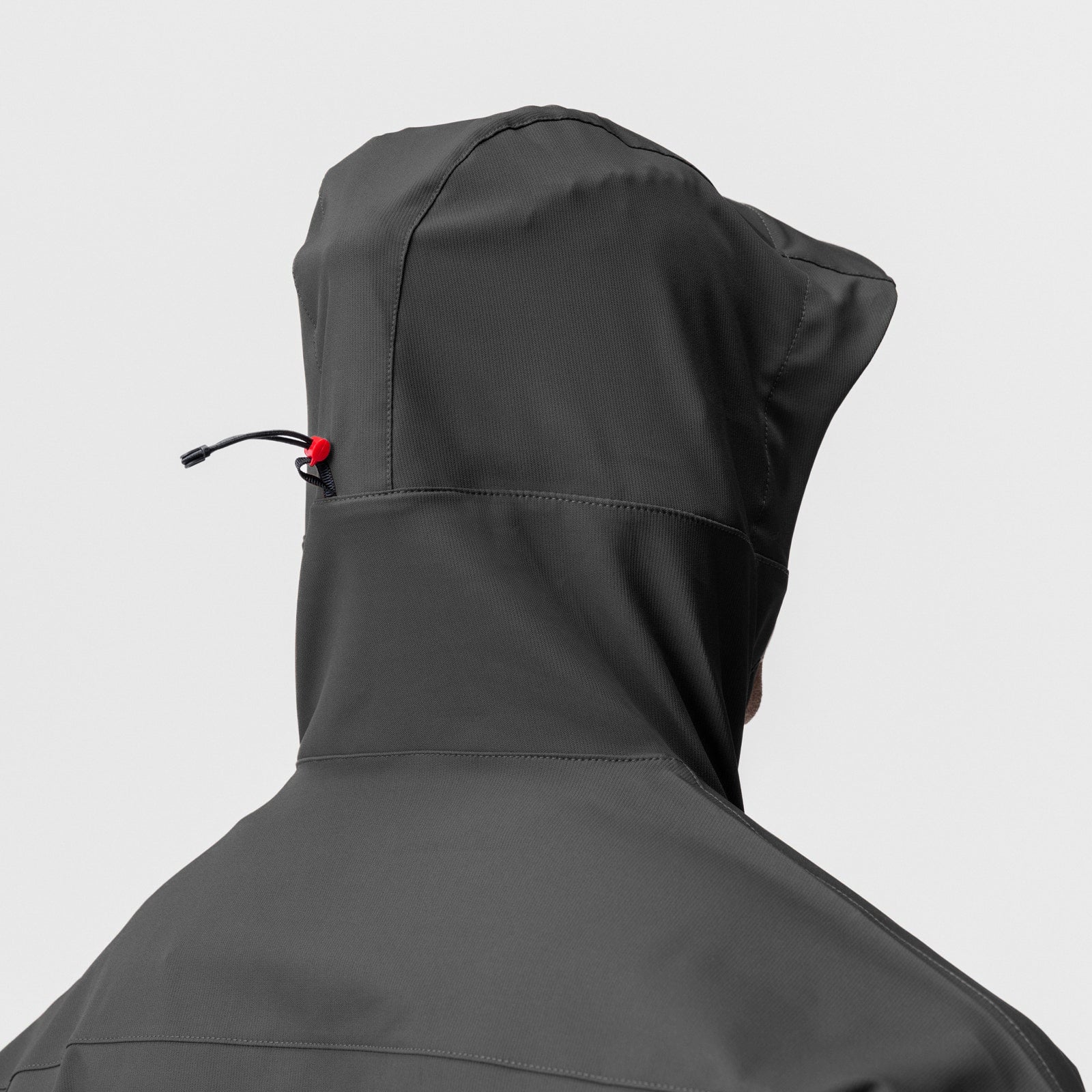 Weather-Ready Anorak Jacket in Space Grey, back hood detail on model