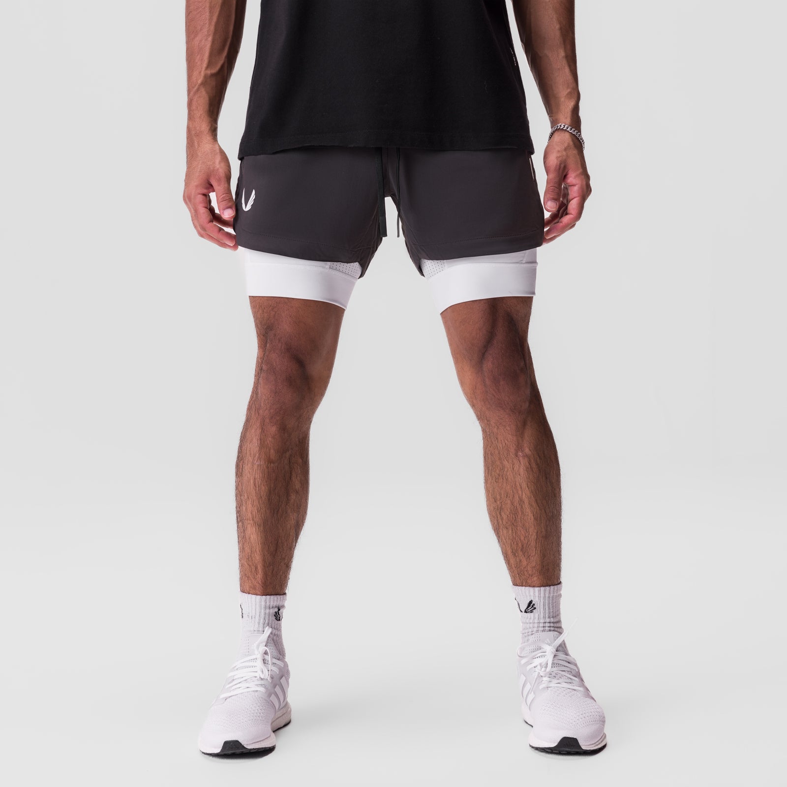 Tetra-Lite 5" Liner Short in Space Grey with white liner, front view on model