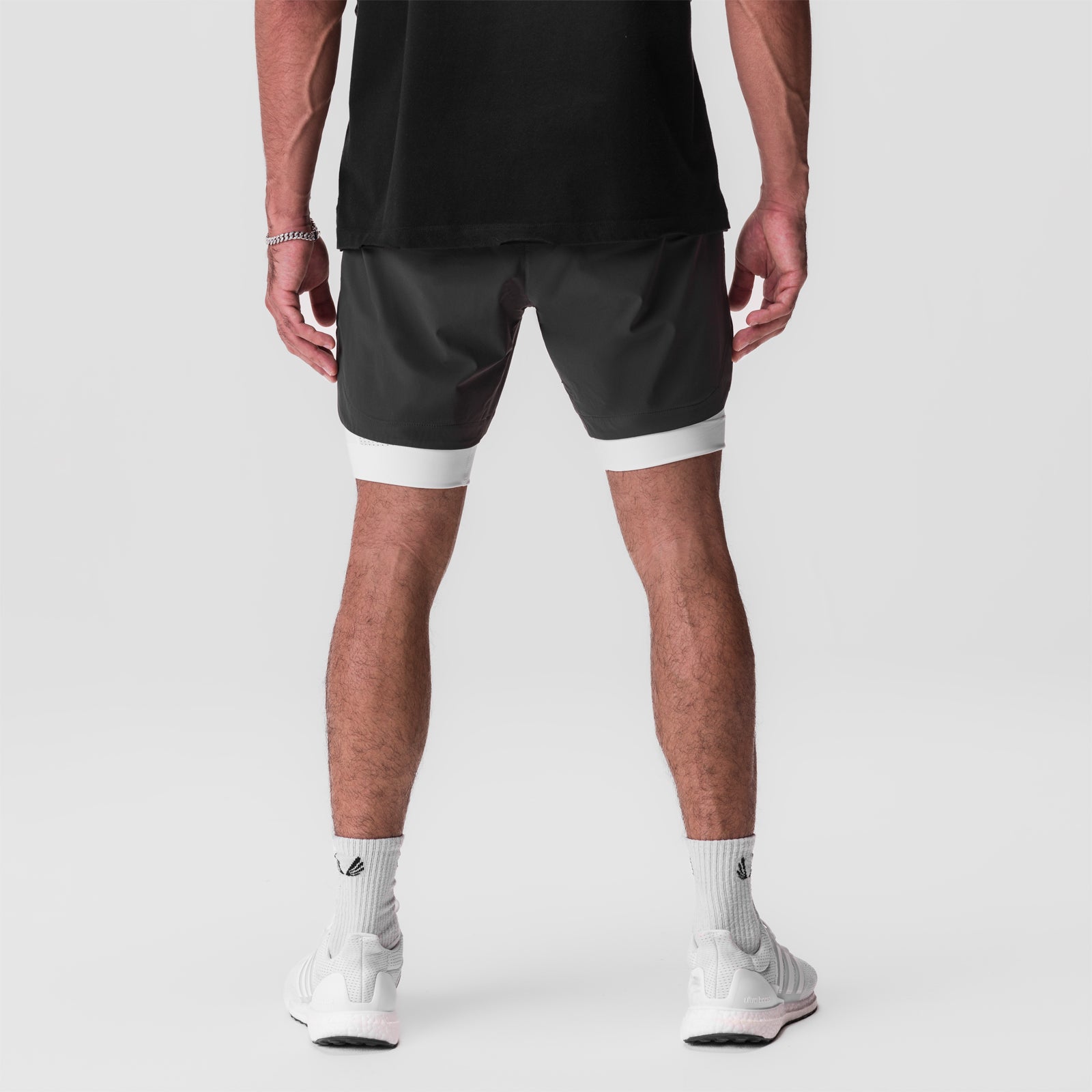 Tetra-Lite 7" Liner Short in space grey and white, back view on model
