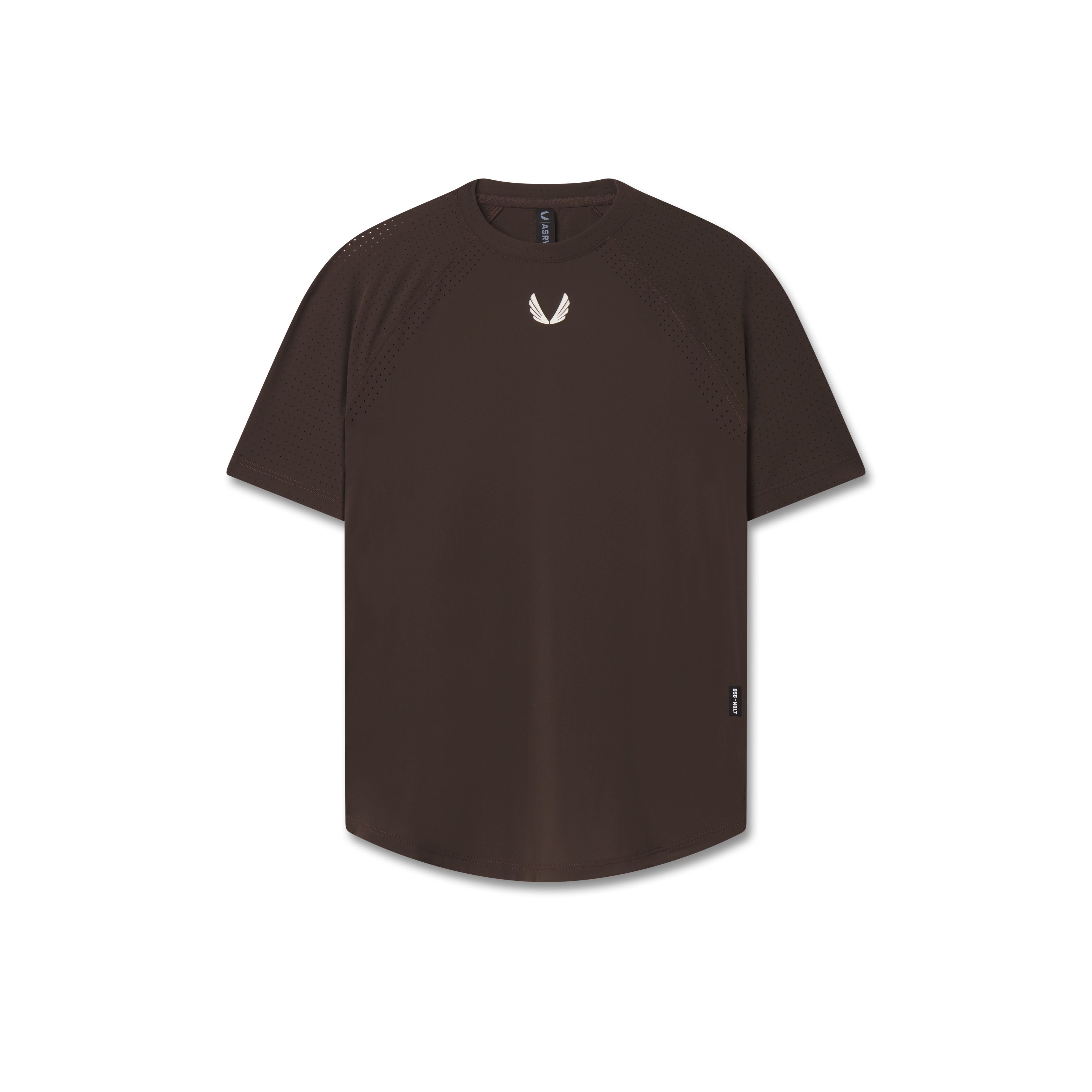 Flatlay of W017 Laser-Vent Established Tee in dark earth brown, front view