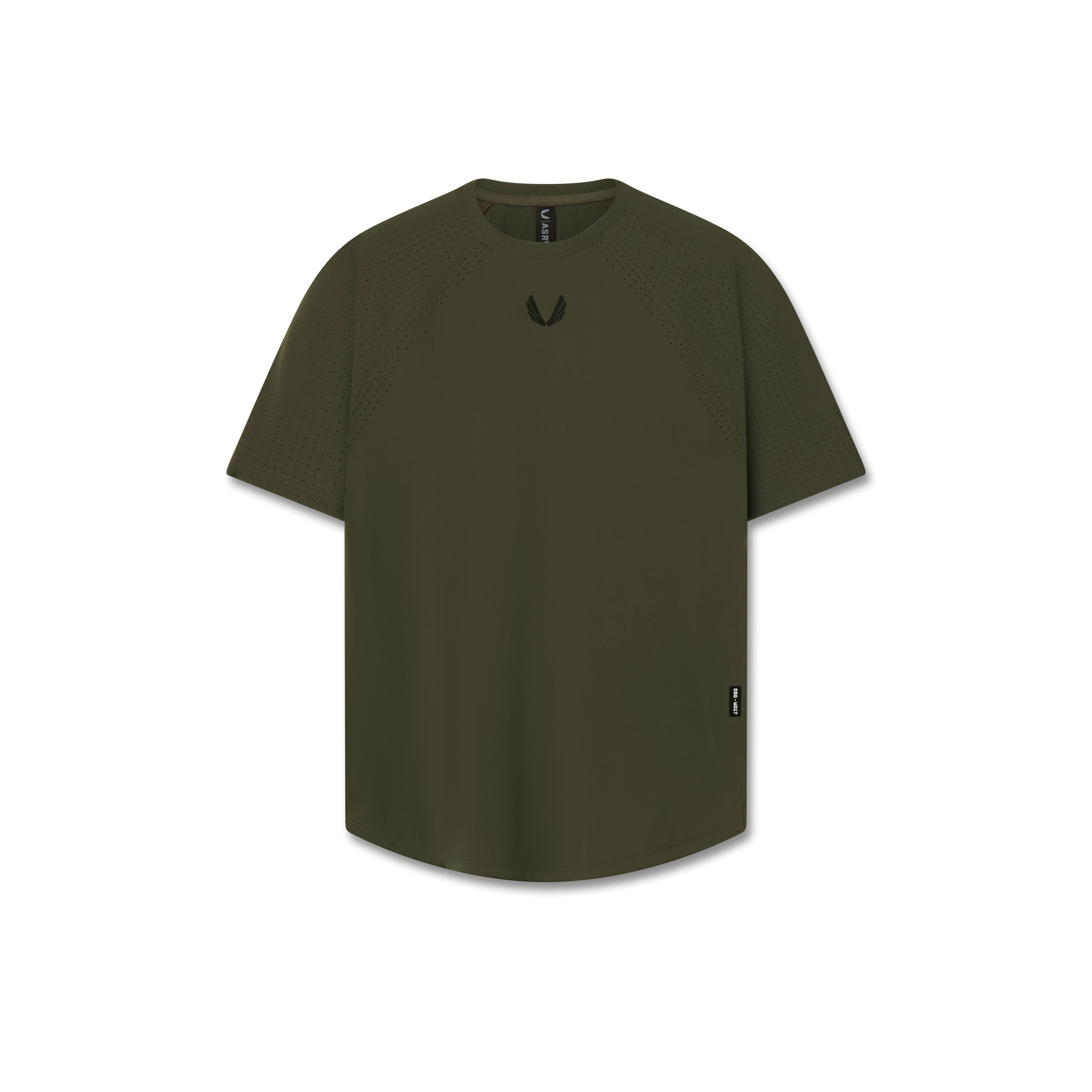Olive green Laser-Vent Established Tee displayed on a dress form, front view