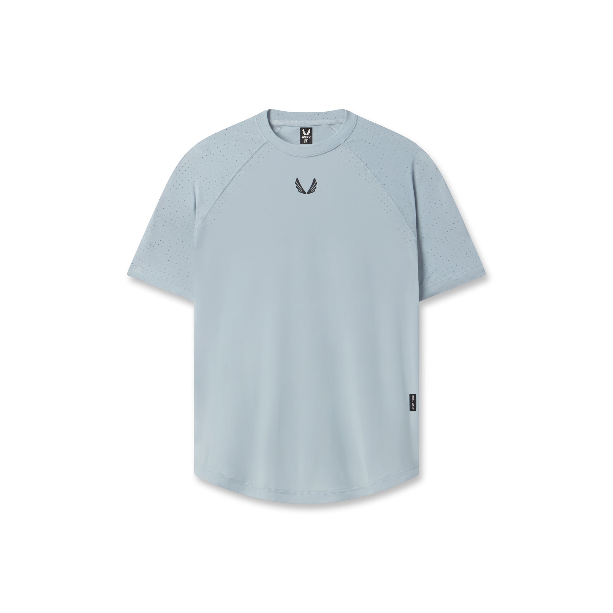 Flatlay of W017 Laser-Vent Established Tee in light sky, front view