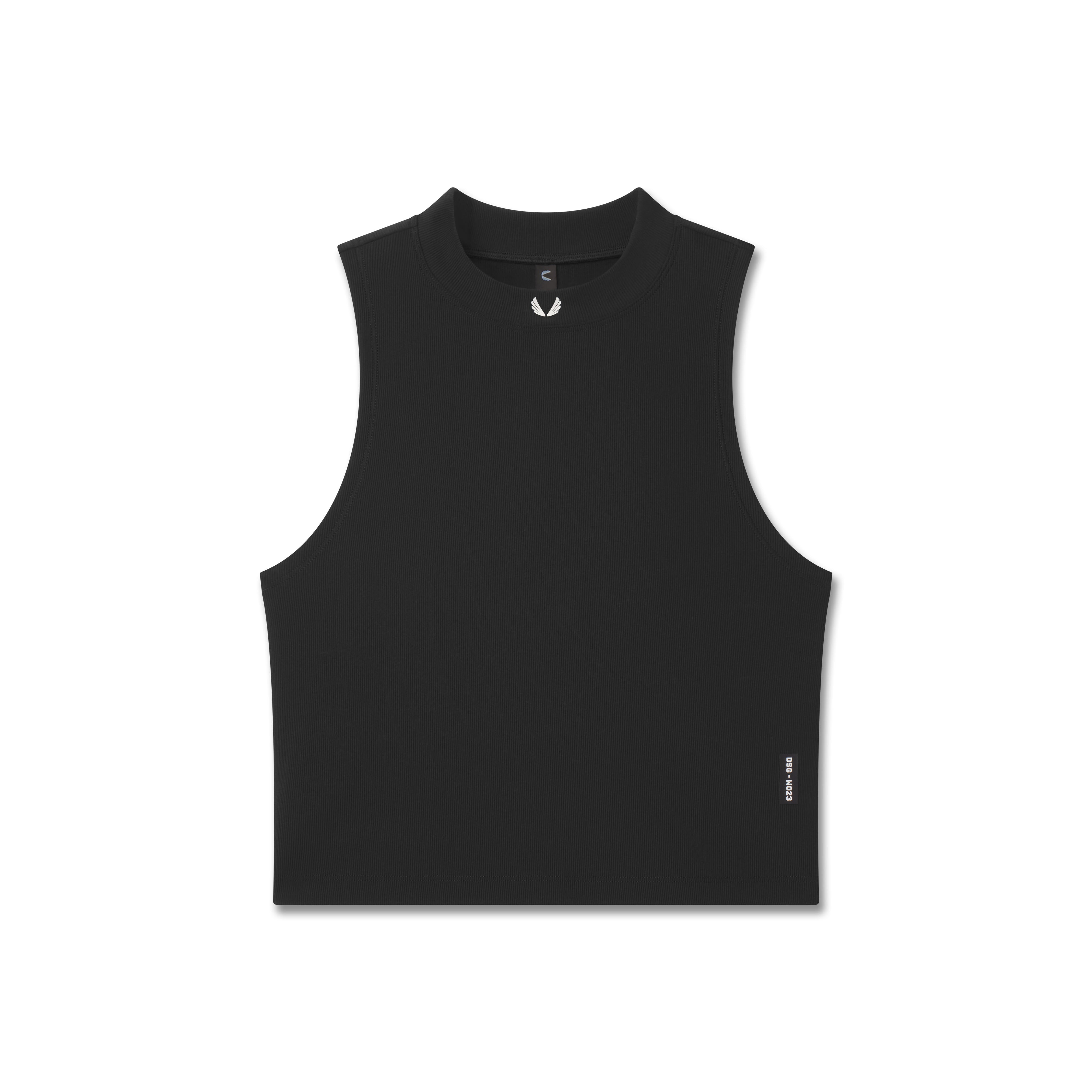 Flatlay of black LYCRA® Ribbed Mockneck Tank, front view on white background