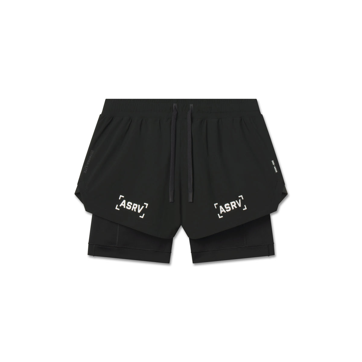 Flatlay of W025 Tetra-Lite Liner Shorts in black with bracket logo detailing, front view