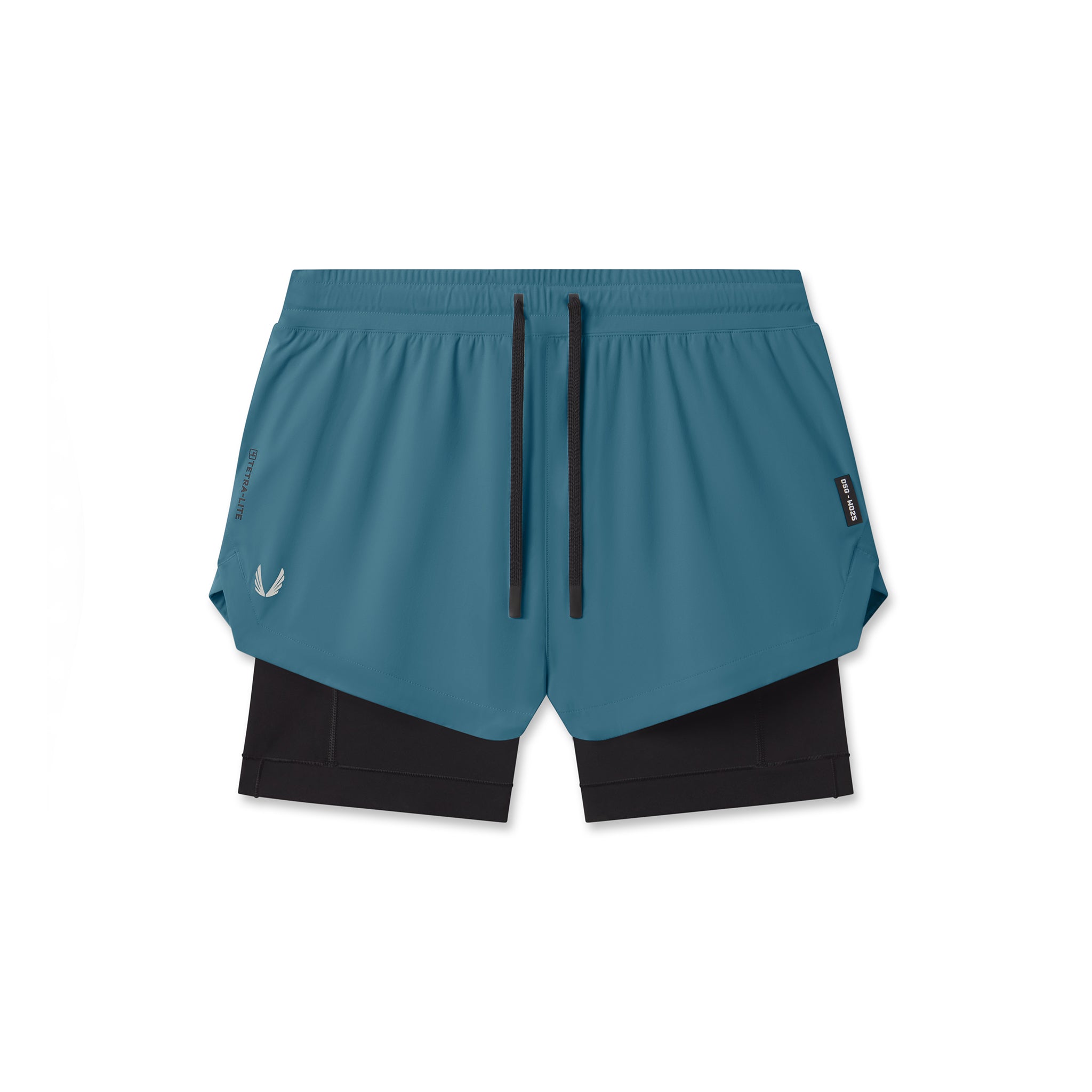 Flatlay of Tetra-Lite Liner Short in storm blue and black, front view