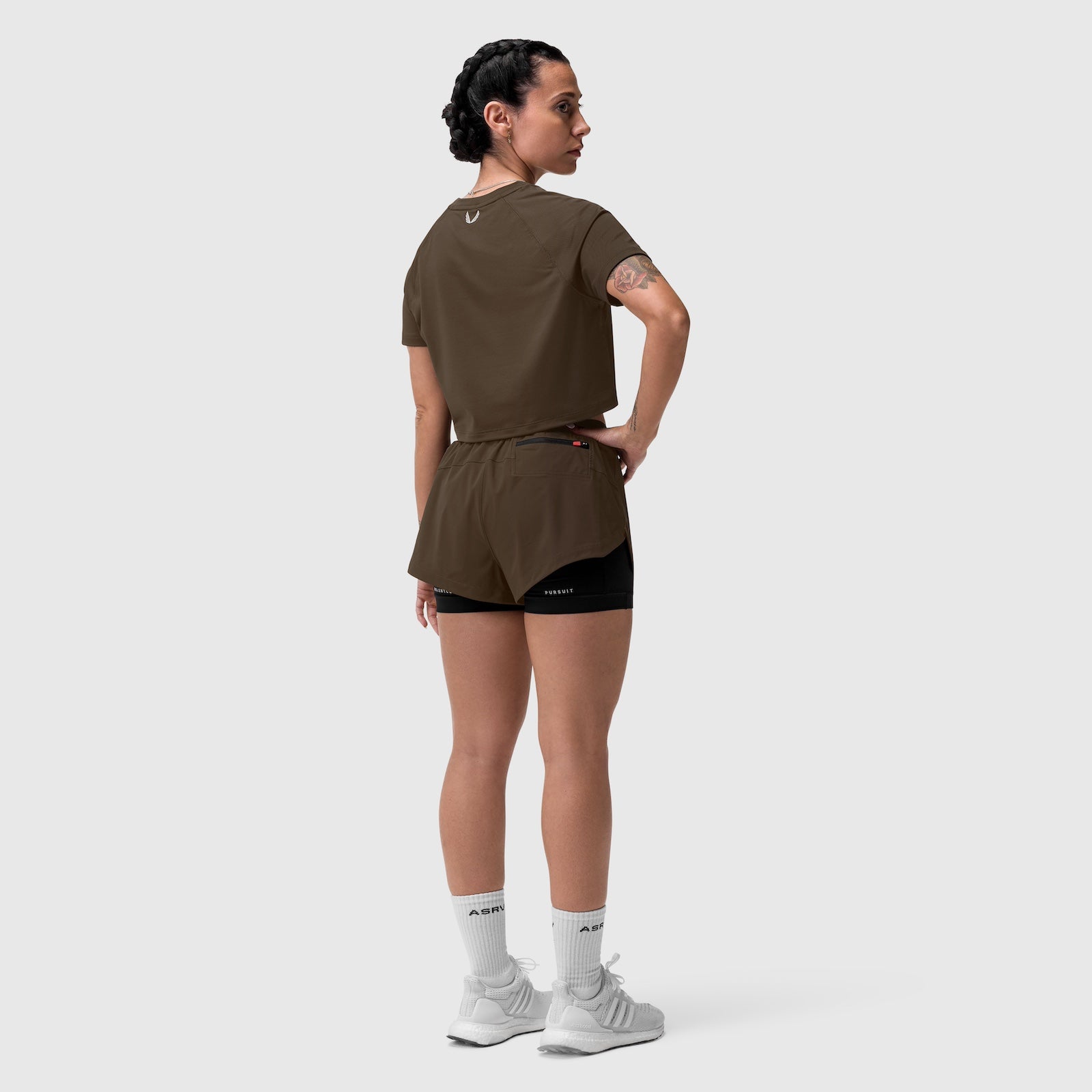Tetra-Lite® Liner Short in Dark Earth, worn with matching t-shirt, back view
