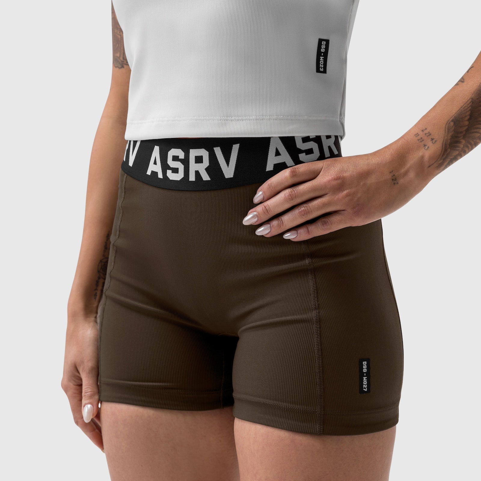 ASRV Lycra Ribbed Short in Dark Earth, worn with white crop top