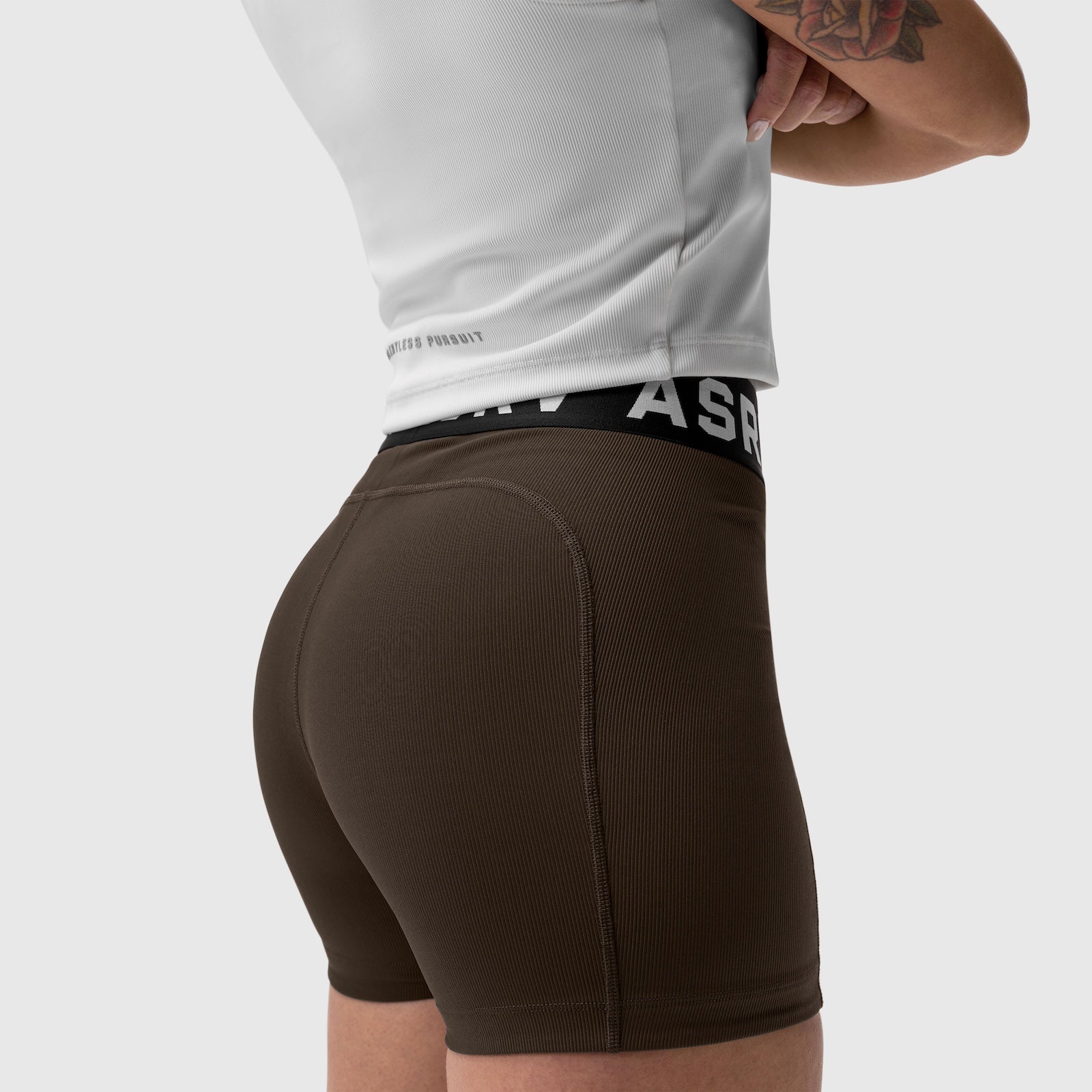 LYCRA® Ribbed Short in Dark Earth, worn by model showing side view