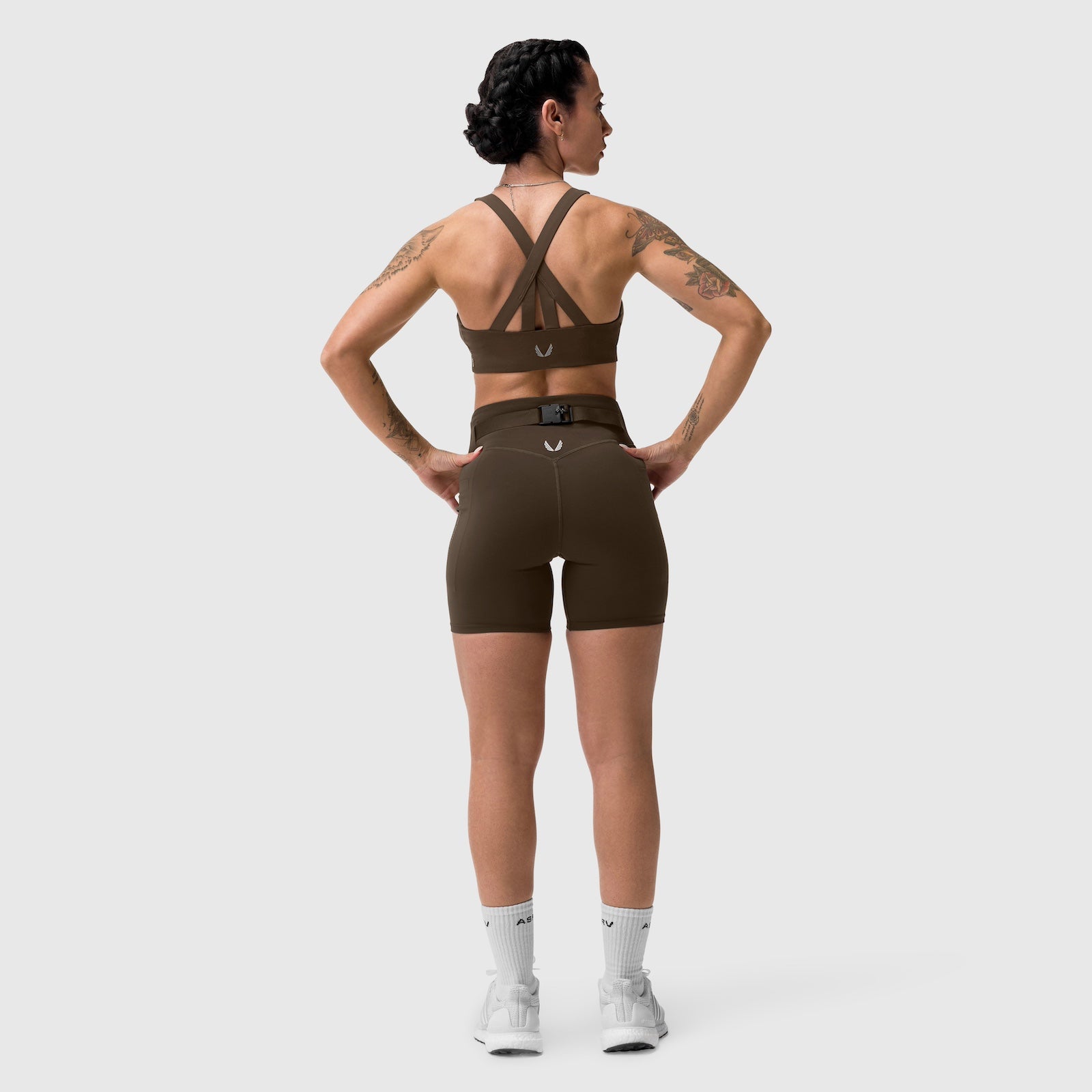 W029 Lycra 3-in-1 Biker Short in Dark Earth, back view on model