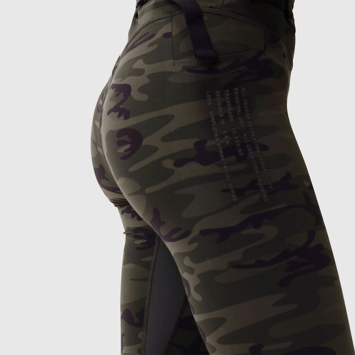 W030 LYCRA® 3-in-1 Legging in Dark Camo, side view on model