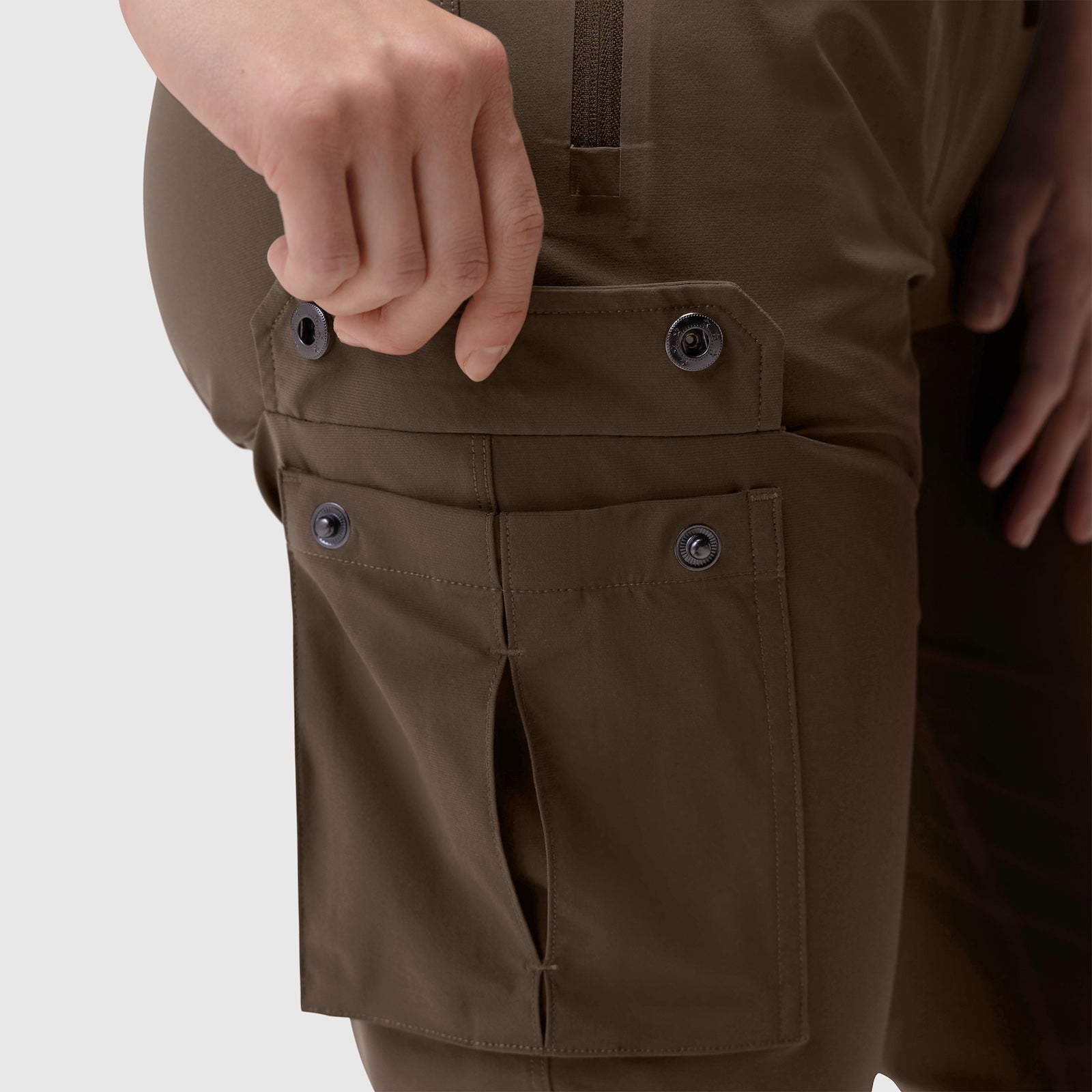 Tetra-Lite Cargo High Rib Jogger in Dark Earth, model wearing jogger showing cargo pocket detail