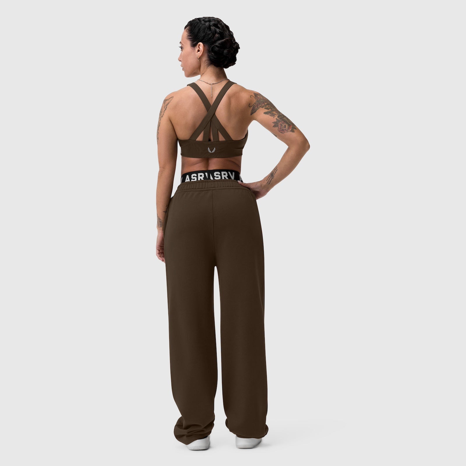 W034 Sorona® Terry Straight Leg Sweats in Dark Earth, back view on model
