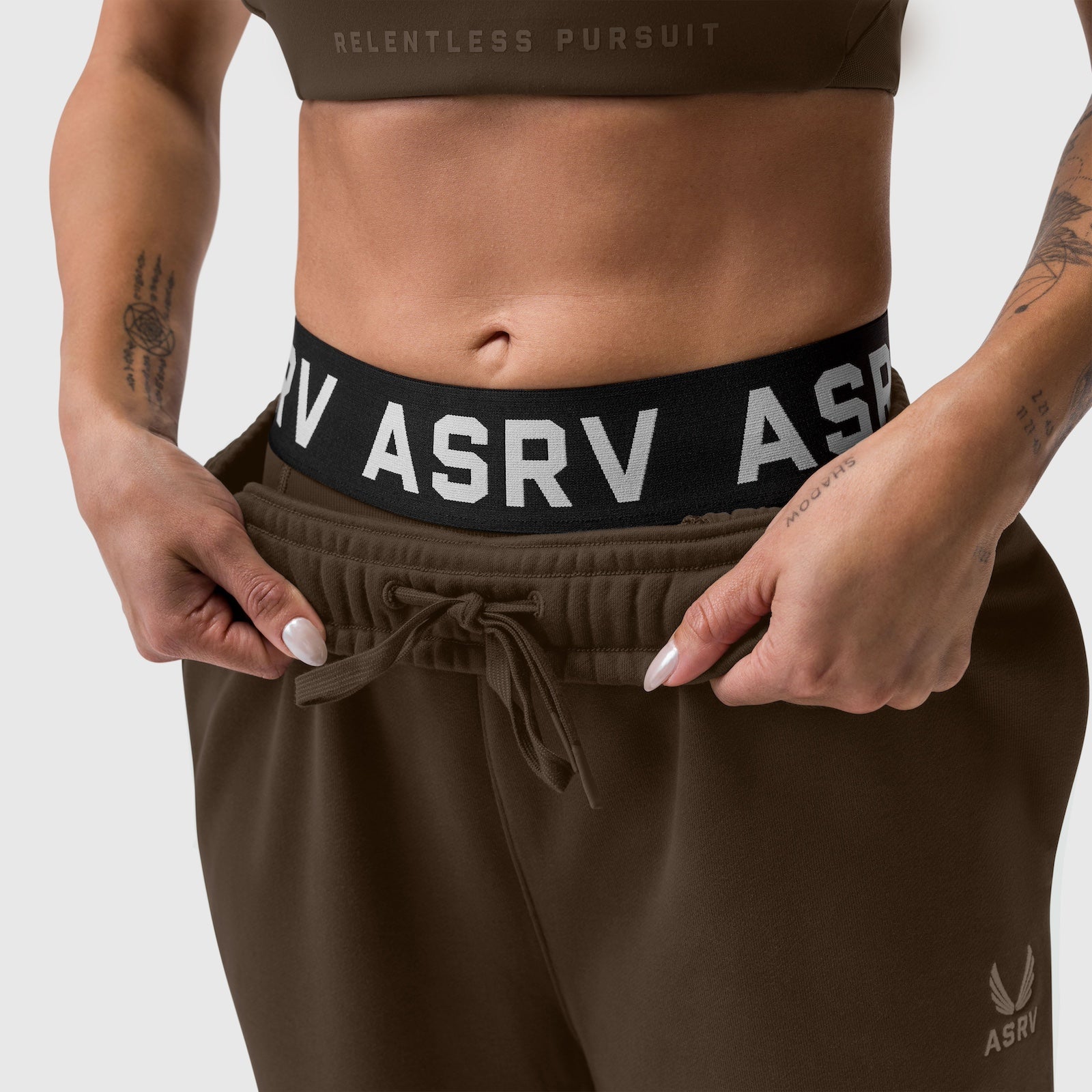 W034 Sorona® Terry straight leg sweats in dark earth, worn by model showing waistband detail