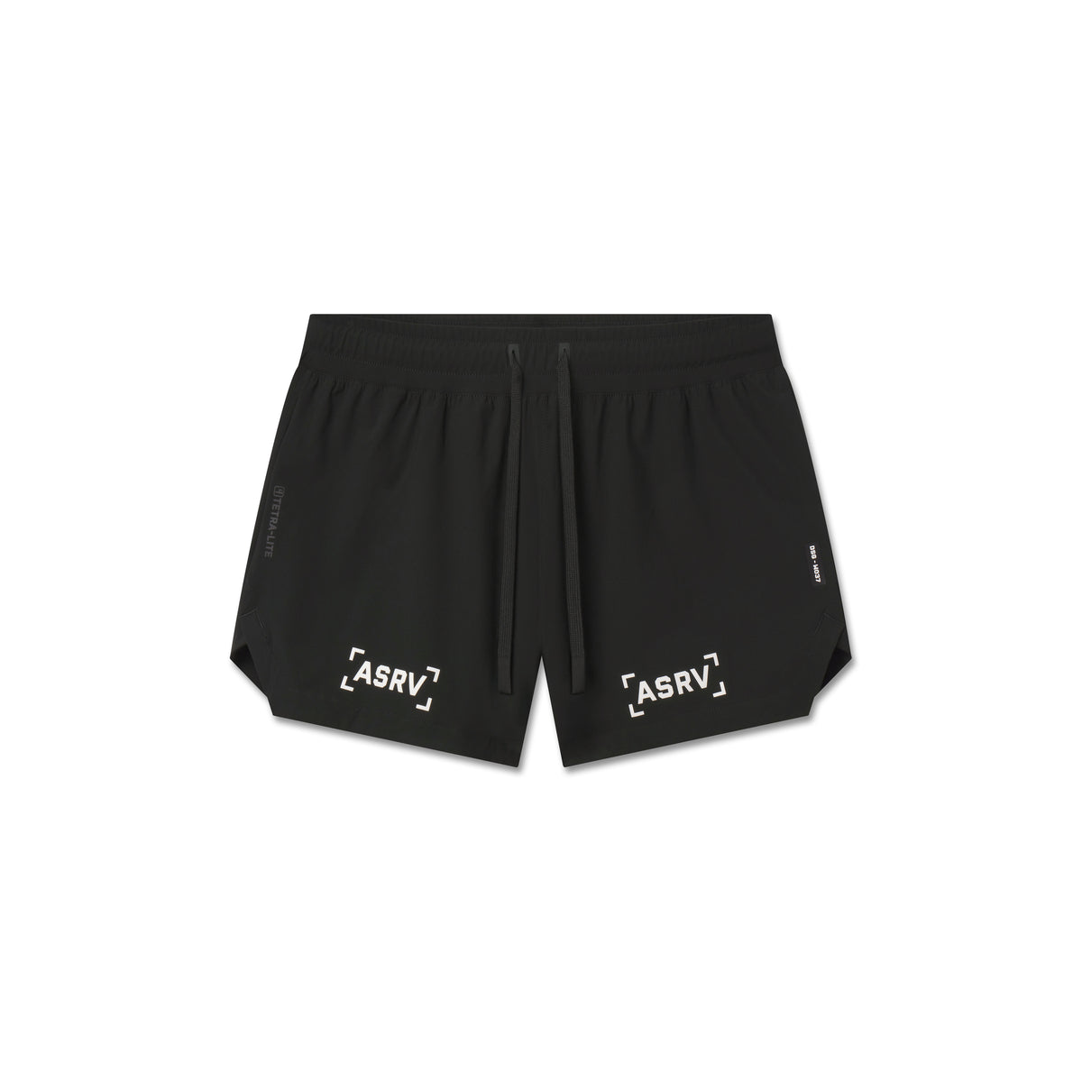 Flatlay of ASRV W037 Tetra-Lite Linerless Shorts in black with bracket logo, front view