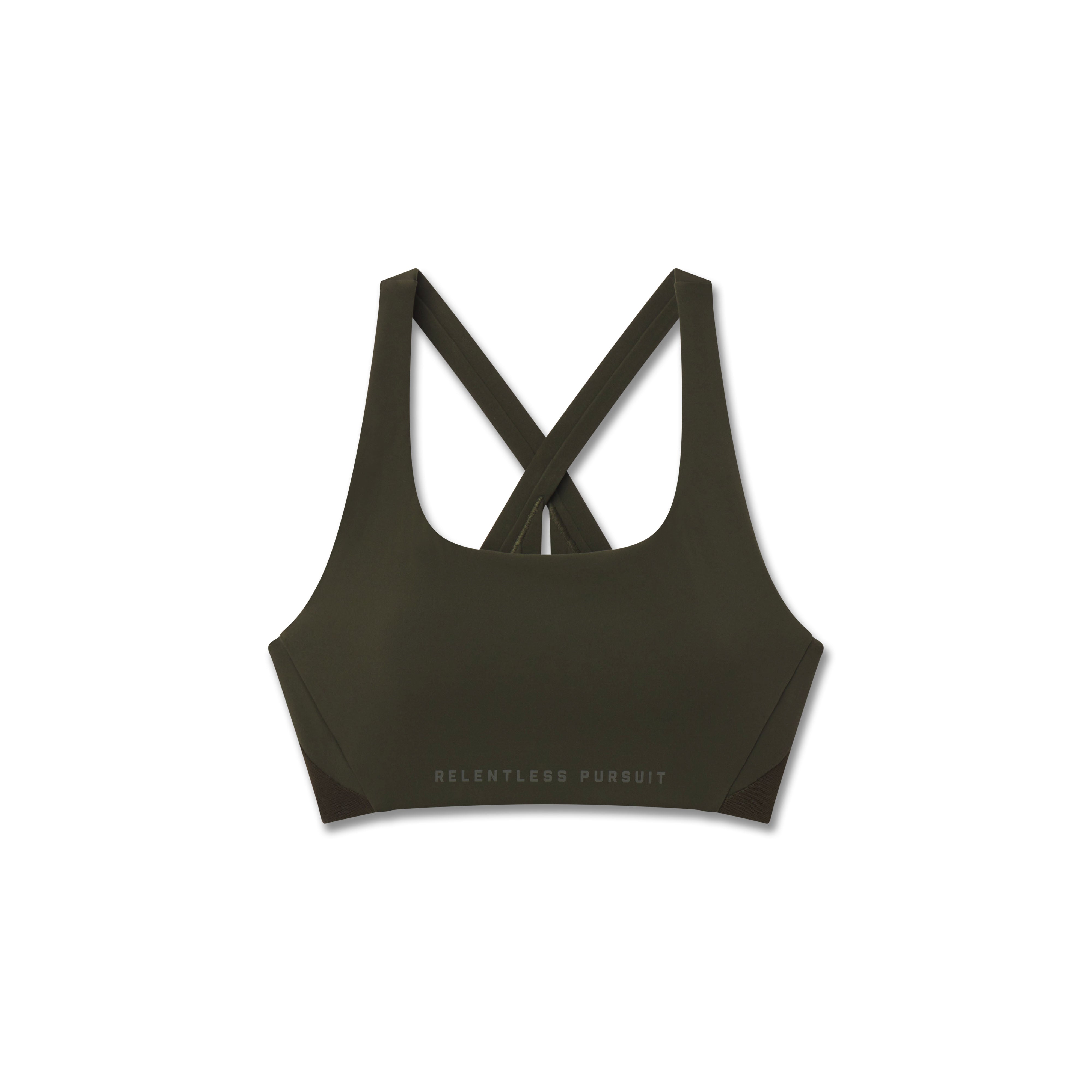 Flatlay of W039 Lycra Hybrid Sports Bra in olive with cross-back straps, front view