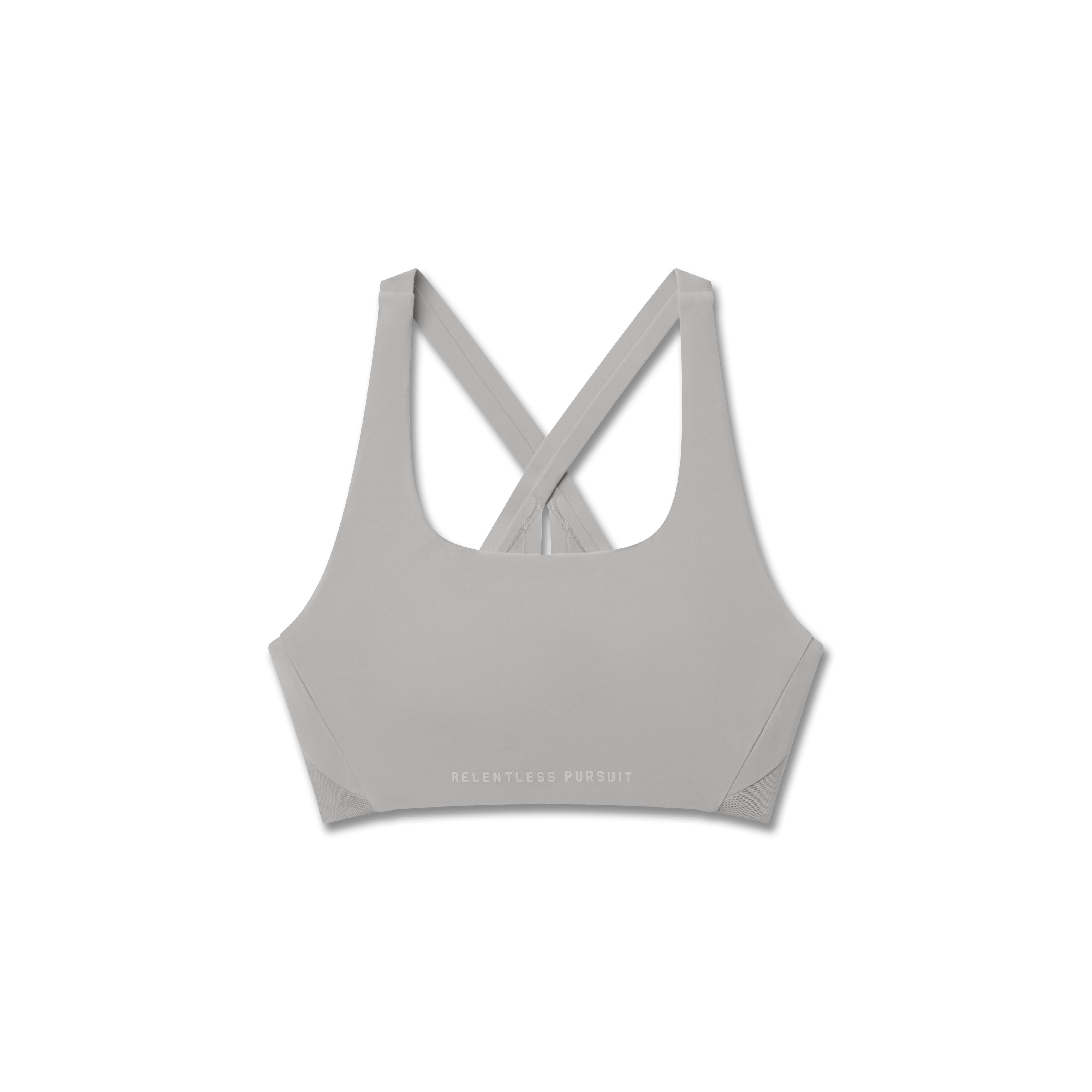 Flatlay of Lycra Hybrid Sports Bra in slate grey, front view with crossback straps