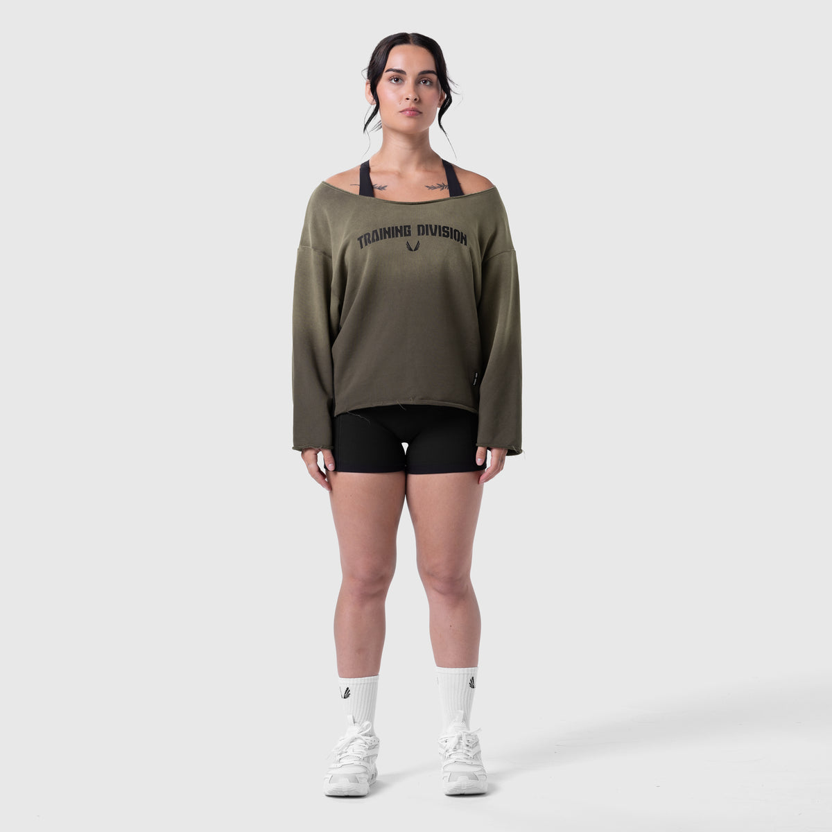 Raw Hem Oversized Crewneck in olive worn with black shorts and white socks, front view